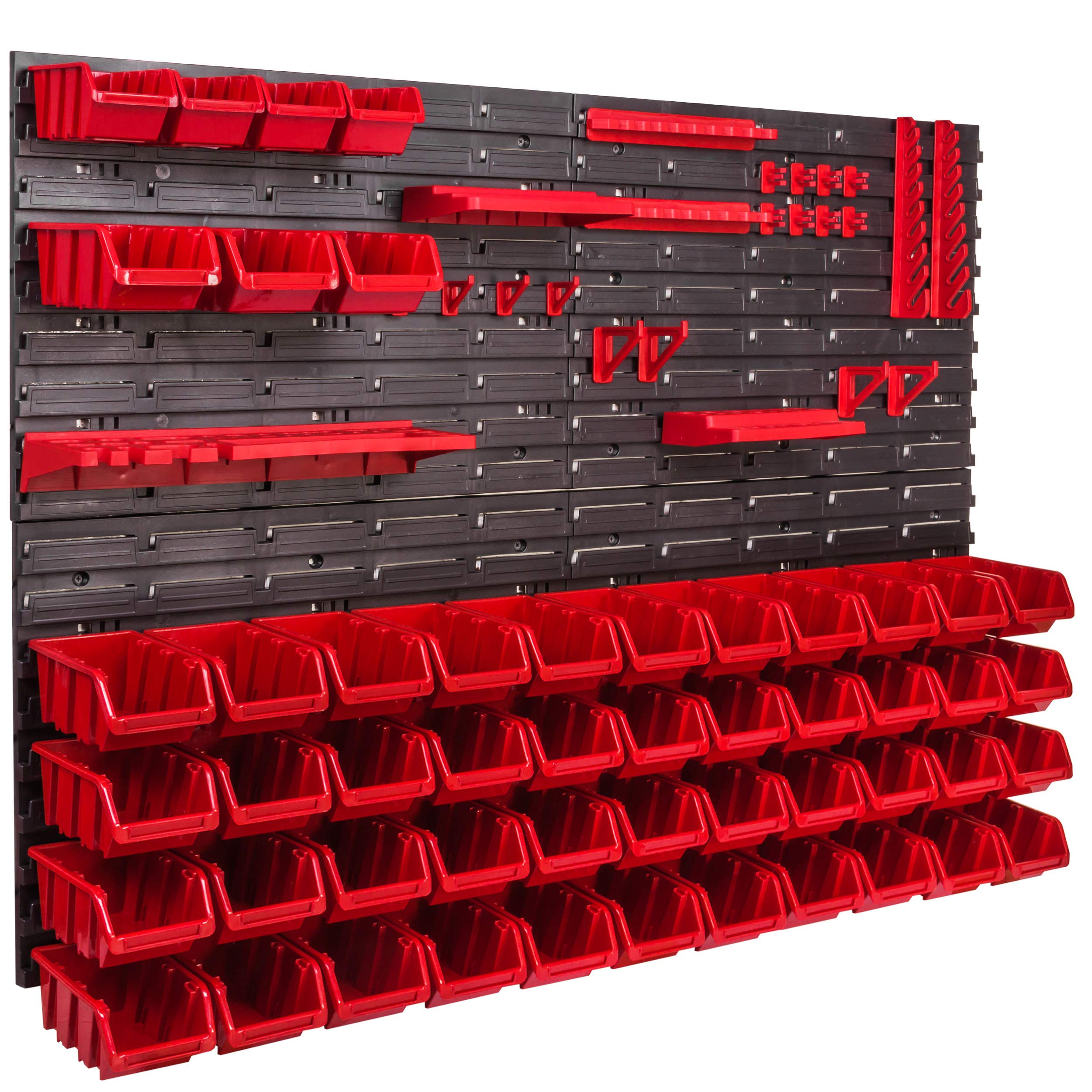 Regał warsztatowy regał ścienny 1152 x 780 mm pudełka do układania w stos czerwone czarne uchwyty narzędziowe skrzynki do przechowywania magazynowego system regałowy pojemnik do przechowywania (51 pudełek czerwonych)
