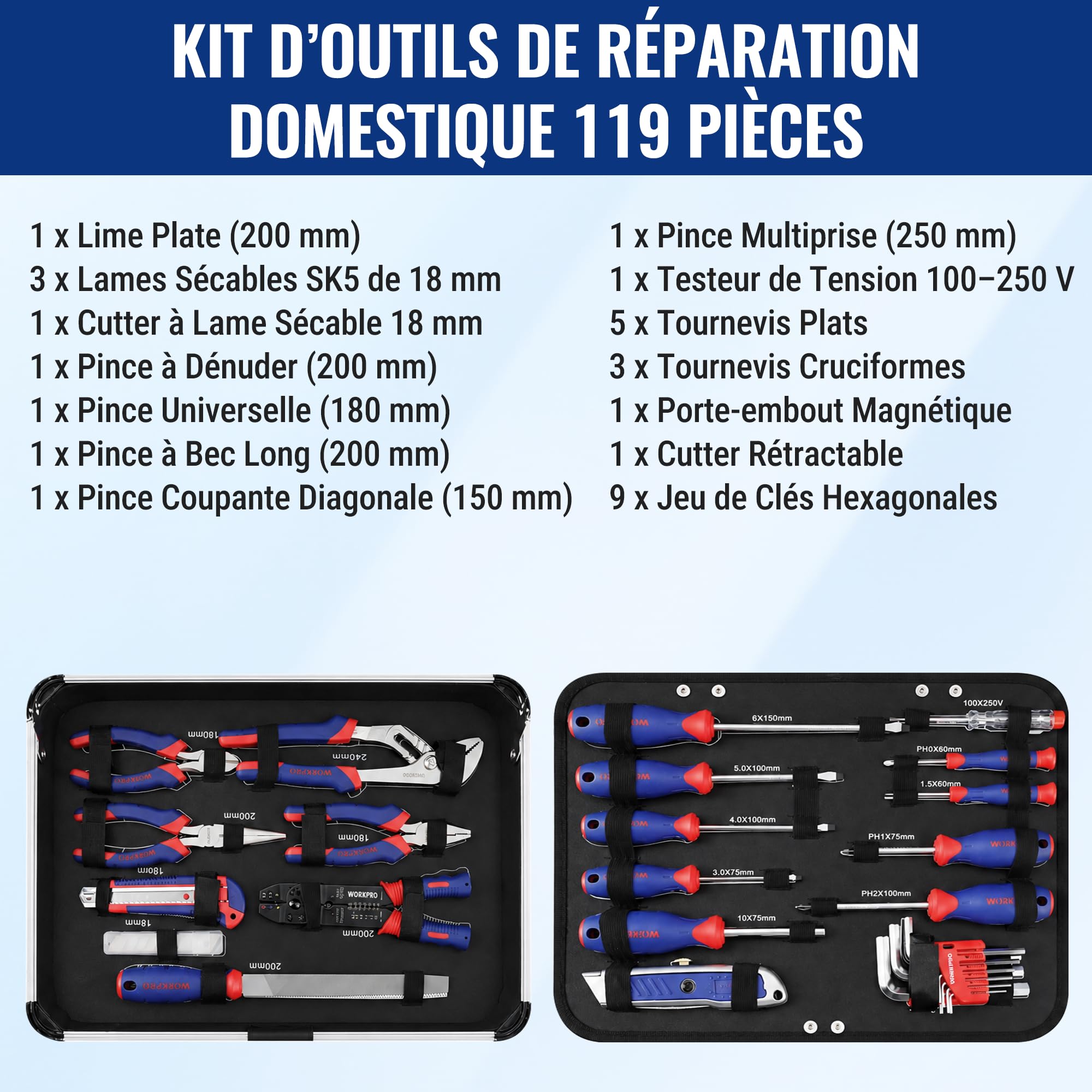 WORKPRO Caisse à Outils Complete Professionnelle | avec Mallette en Aluminium, Boite à Outils Complete pour Réparation Dommestique ou de Travail 119 Pièces