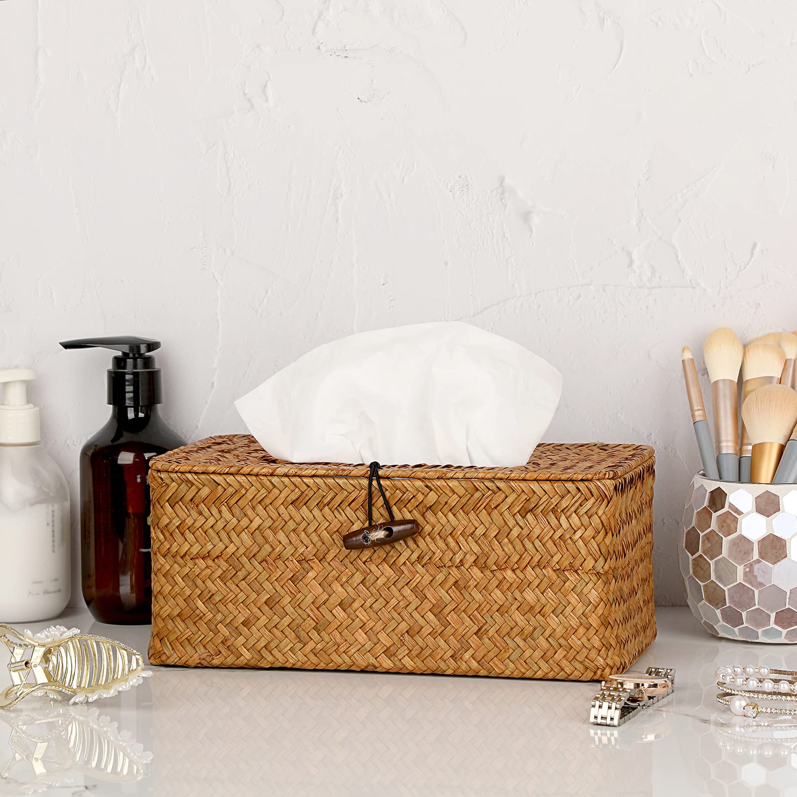 BTSKY Scatola rettangolare per fazzoletti facciali in alghe marine, decorativa in vimini intrecciato, organizer per cucina, bagno, ufficio e hotel, caramello