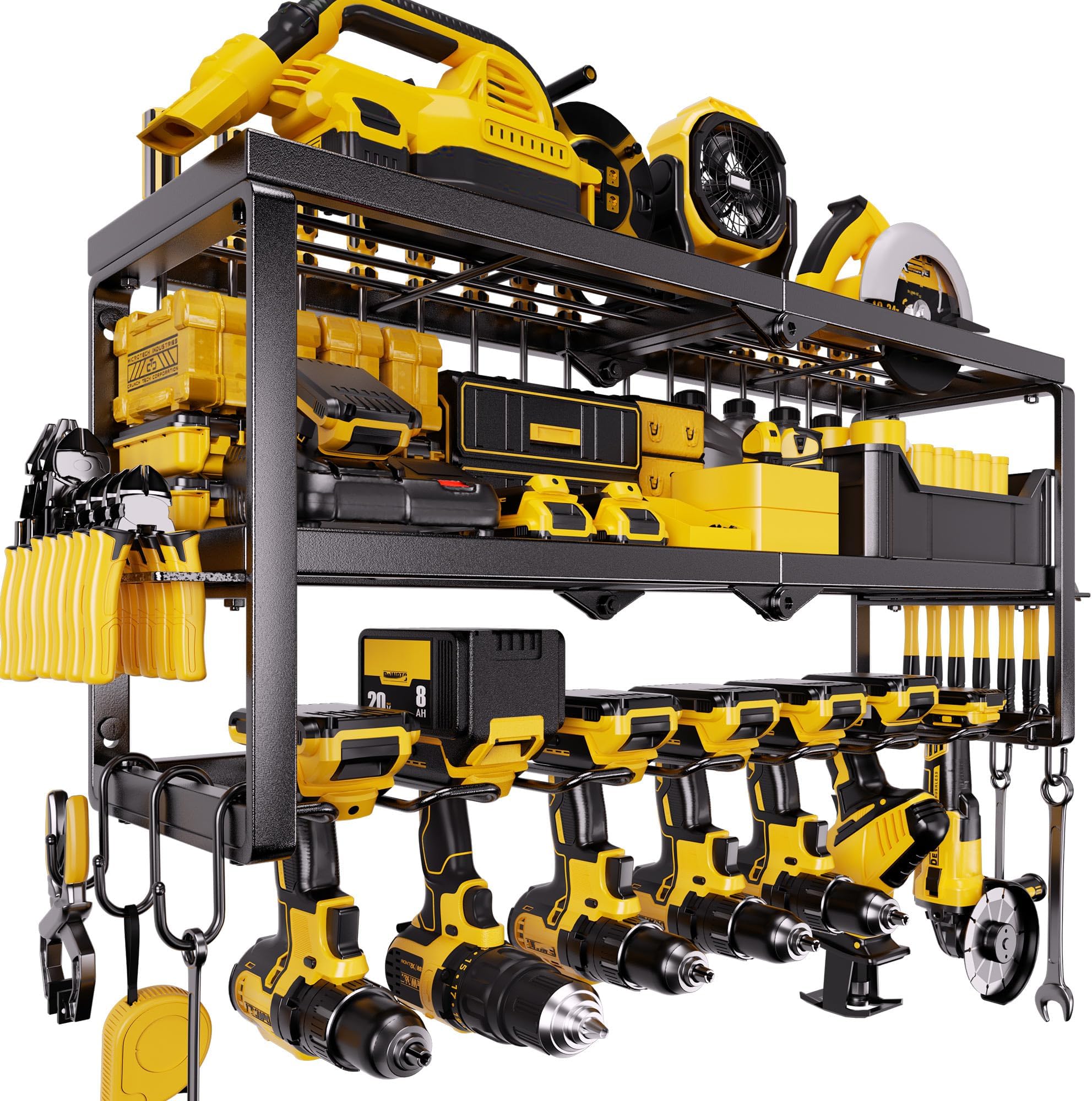 Heavy Duty Power Tool Organizer for Wall Mount Garage Storage – 320 lbs Capacity, 3-Tier Iron Wire Rack with 7 Drill Slots, Shelf for Battery Charging Station – Gift for Dad Handyman