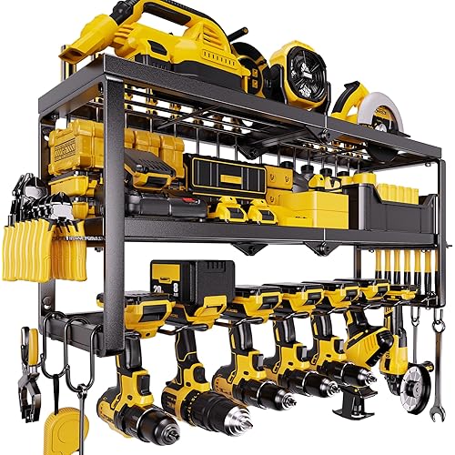 Heavy Duty Power Tool Organizer for Wall Mount Garage Storage – 320 lbs Capacity, 3-Tier Iron Wire Rack with 7 Drill Slots, Shelf for Battery Charging Station – Gift for Dad Handyman
