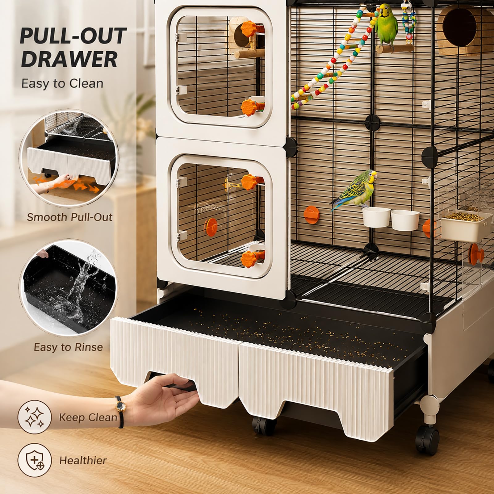 Jaula Grande para Pájaros con Ruedas – Aviario Espacioso para Periquitos, Conures y Agapornis, Jaula para Loros con Almacenaje Superior y Columpio para Interior y Exterior White