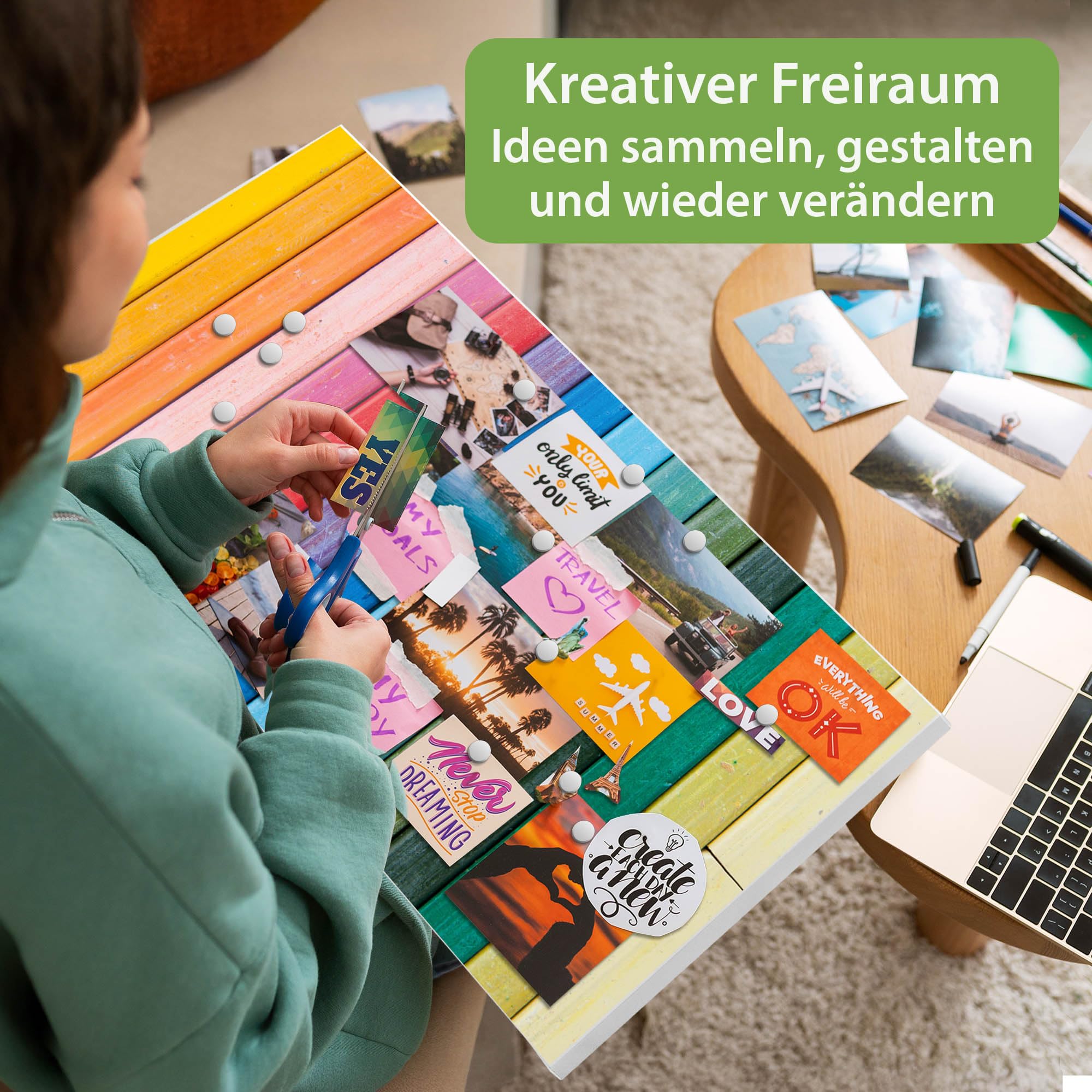 banjado Magnettafel Metall 78 x 37cm - beschreibbare Magnettafel - Metall Pinnwand als Memoboard - Magnetwand Küche, Büro, Kinderzimmer Weiß inkl. 4 Magnete & Montageset - Motiv Regenbogenfarben