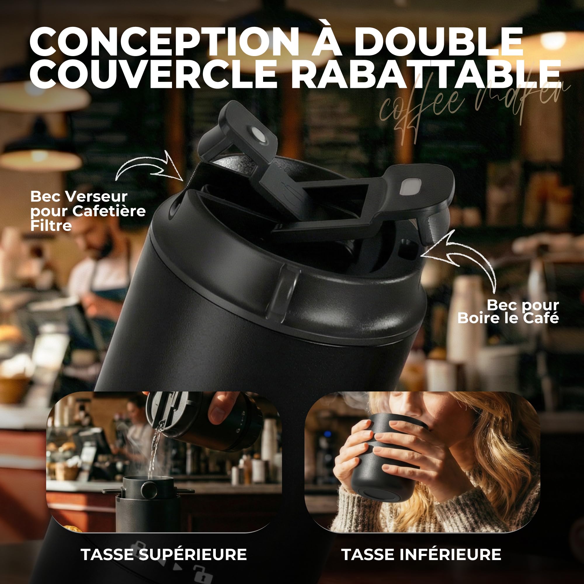 HAUSHOF Machine à Café Portable Pour-Over Tout-en-Un | Moulin Intégré, Mug Isotherme Indépendant 400 ml, Sans Fil, 4-en-1 Grind & Brew, Idéale pour Voyage et Camping, Noir