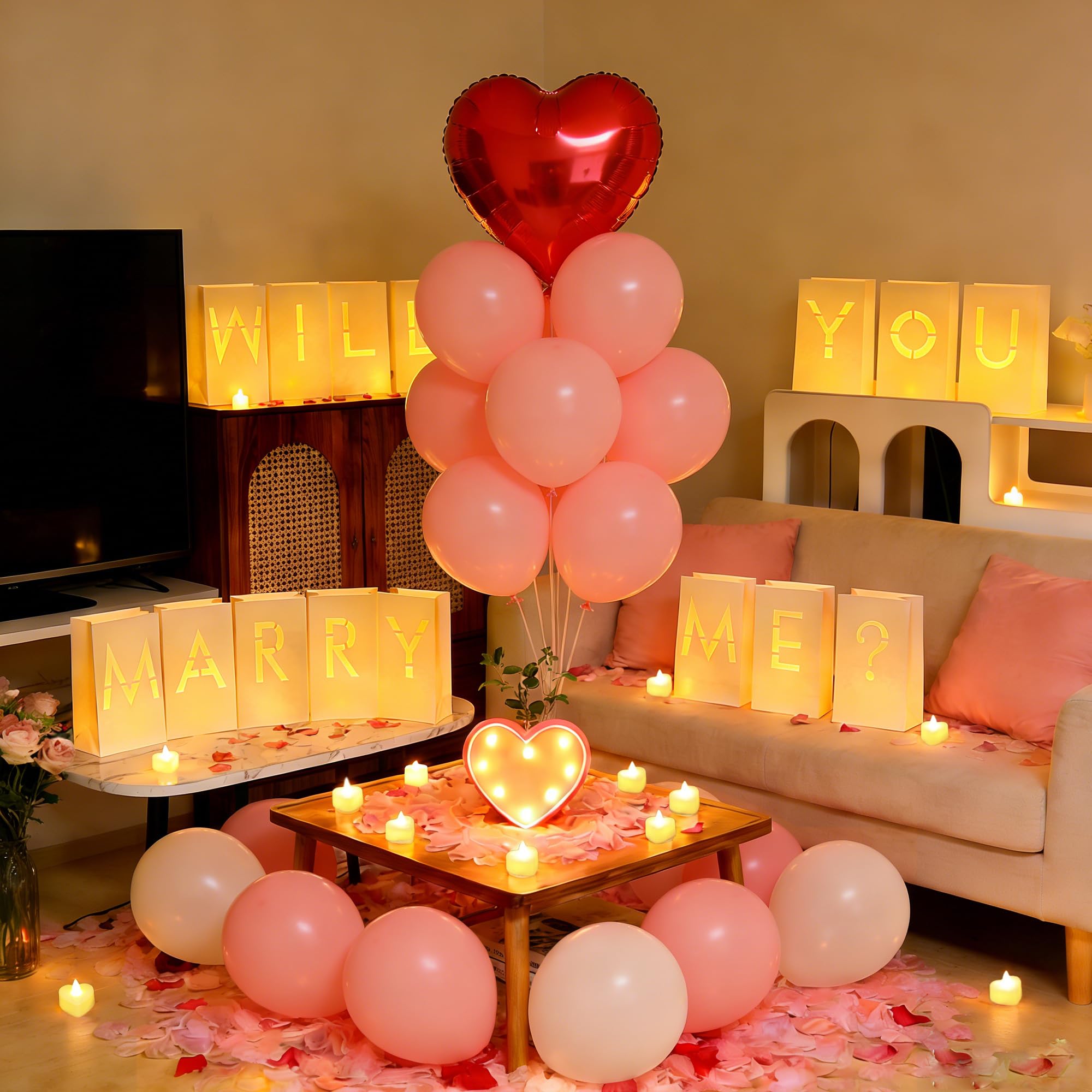 2074 Stück "Marry Me", leuchtende Buchstaben, Antragsdekorationen mit flammenlosen Kerzen, künstliche Rosenblätter, Latex-Aluminium-Luftballons für Valentinstag, Hochzeit, Antrag, romantische