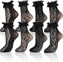 Lot de 4 Paires de Chaussettes à Volants en Dentelle pour Femme - Maille Noire, Bracelet de Cheville, Résille Courte - pour Filles