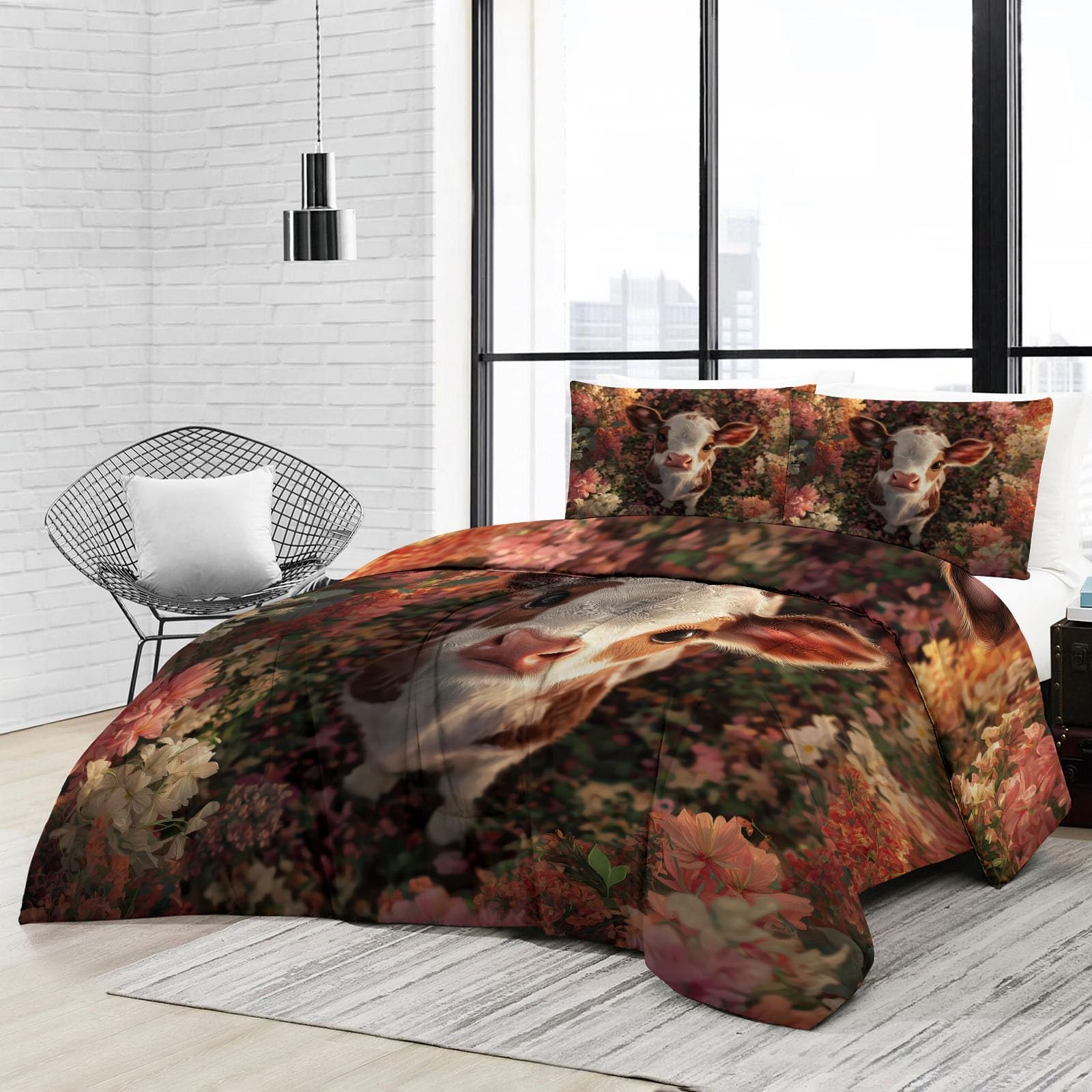 Bettdecke 4 Jahreszeiten 180 x 200 cm, Waschbar Landschaft Tiere Kälber Blumen Steppdecke Warmes Gelb Ganzjahresdecke, Weich & Anti-Allergisch Bettwaren für Kinderzimmer Dekor, Landhaus Schlafzimmer