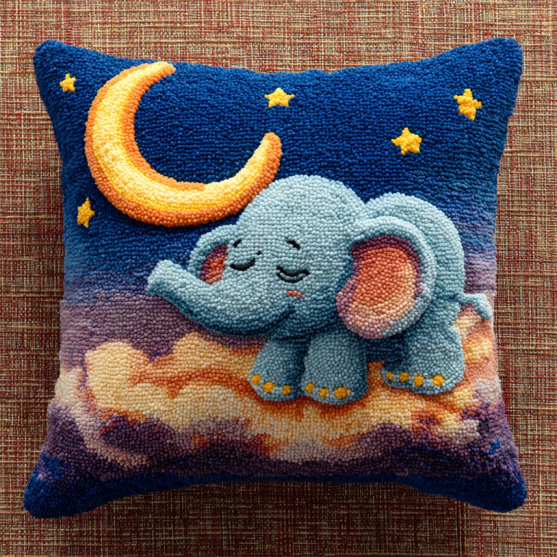Kitquiver Animal Latch Hook Cushion Kits Elephant and Moon DIY Tapestry Throw Pillow Cover Needlepoint Cushion Kits for Home Décor Needlework Kit for Beginners 17x17In