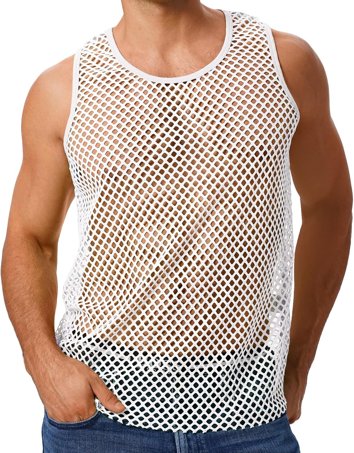 ABAFIP Men's Fishnet Mesh Tank Top Sleeveless Sheer Shirt Gym Workout Fitted Muscle Top Undershirt