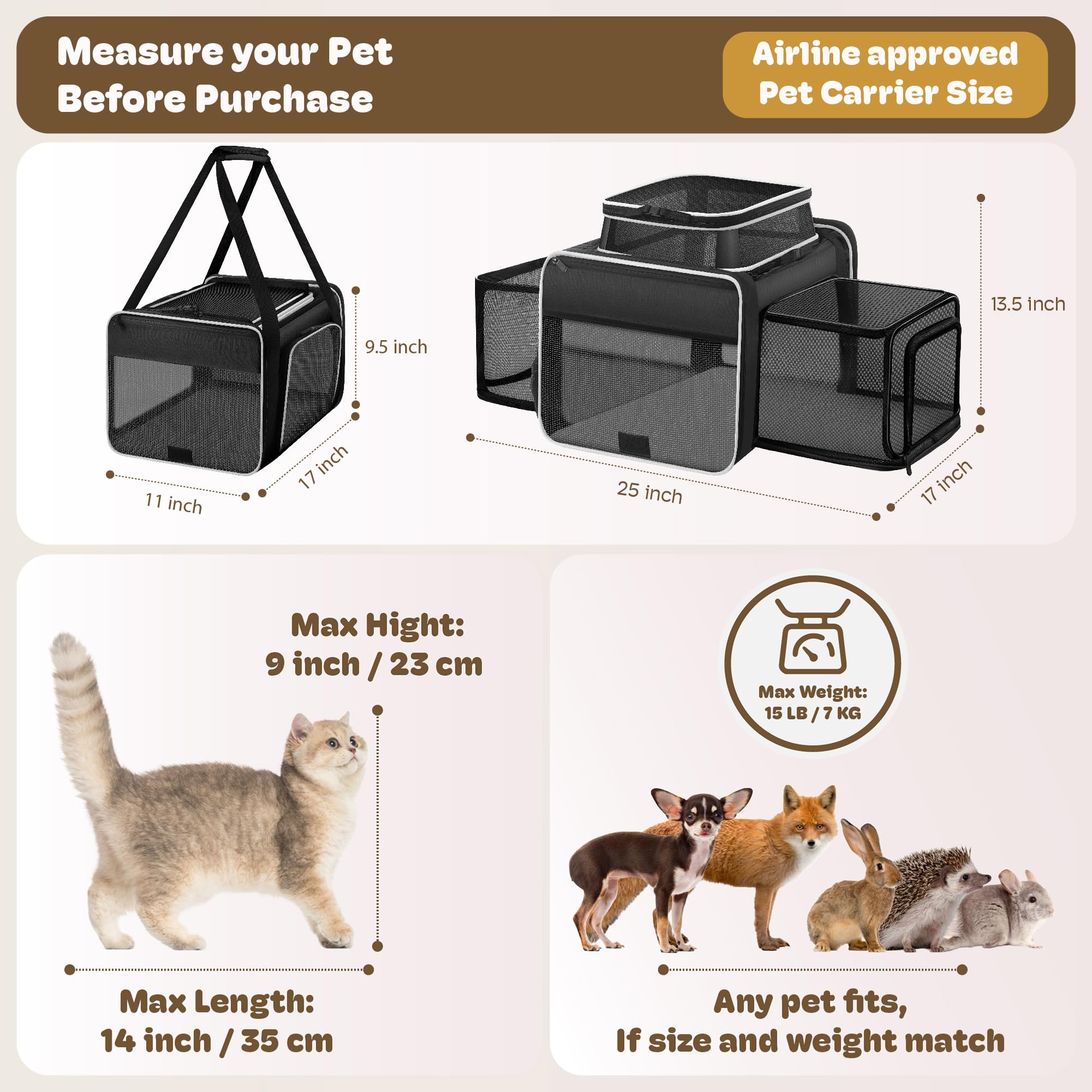 Top and 2 Sides Expandable Pet Carrier 17x11x9.5,TSA Airline Approved Small Dog Carriers for Small Dogs,Soft-Sided Cat Carrier with Self-Locking Zippers for Kitten,Rabbit,Puppy,Guinea Pig Black White - image 4