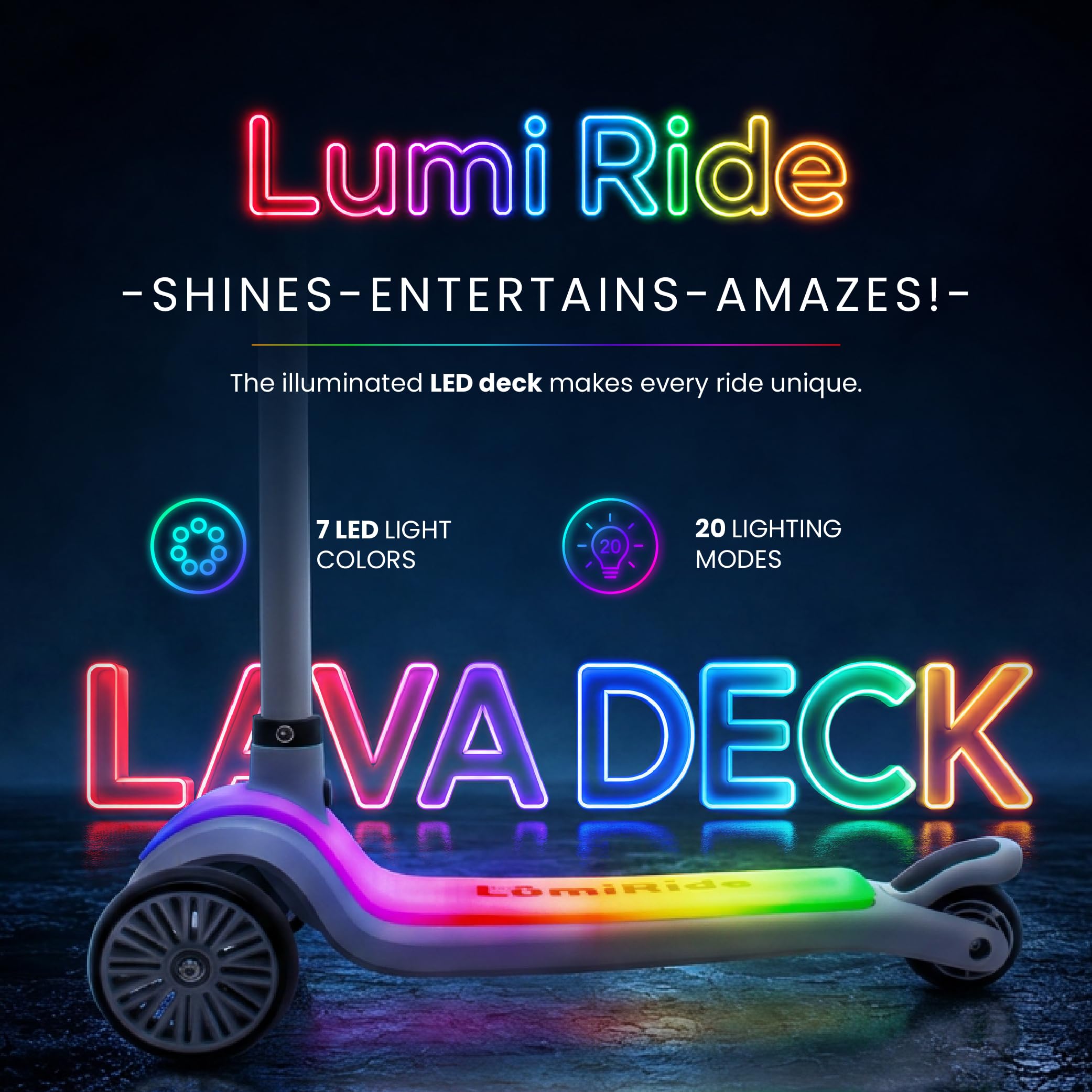 LUMI RIDE Monopattino bambino 3 anni Balance Tre Ruote LED, Pieghevole, Manubrio Regolabile, Freno a Pedale, Pedana Antiscivolo, Manubrio Removibile
