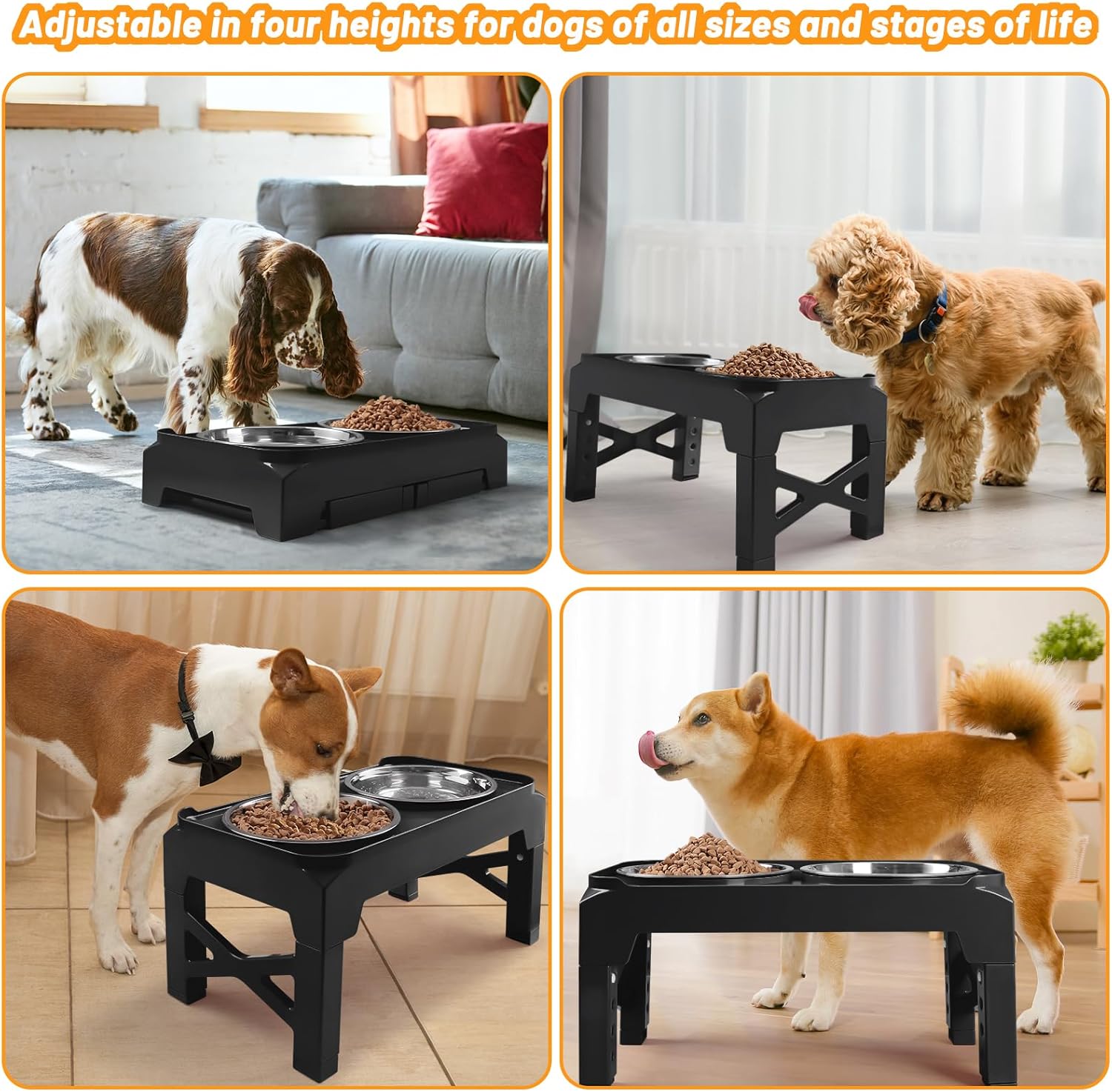 Hubulk Elevated Dog Bowls with 2 Stainless Steel Food & Water Raised Bowls with No Spill Edge Non-Slip Stand Adjusts to 5 Height(3.2", 8.77", 9.9",11.1", 12.3")for Small Medium Large Dog and Pet Black
