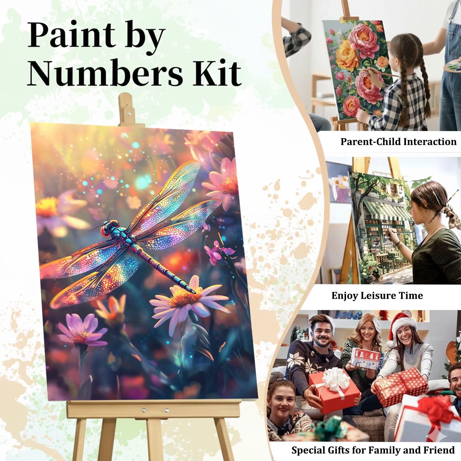 Dipingere con i Numeri Adulti Fiore, Kit di Pittura a Olio su Tela DIY con Pennelli Pittura a Pigmento Acrilico, Paint by Numbers Libellula Disegno, Decora la Casa Regalo 70x90cm (Senza Cornice)-#407k