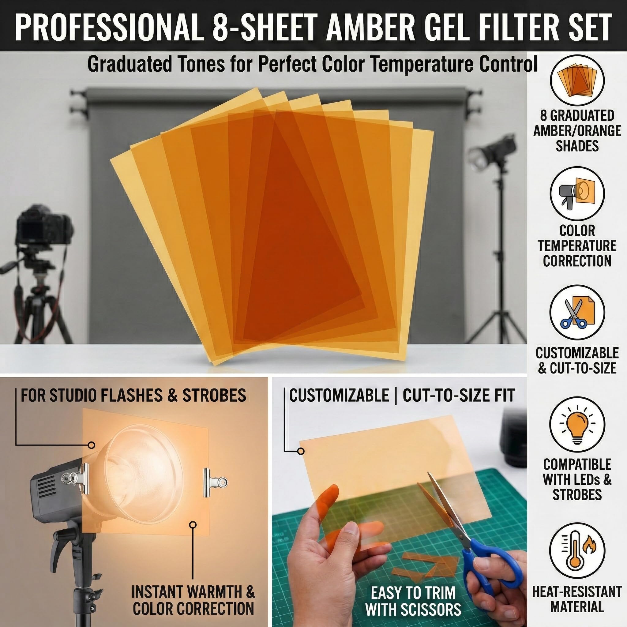 7 Pezzi Pellicola Arancione per Luci 30x21cm in PVC Resistente al Calore - Filtro per Contrasto Fotografico, Protezione Vista, Decorazioni Fai-da-te, Luci LED, Progetti Creativi