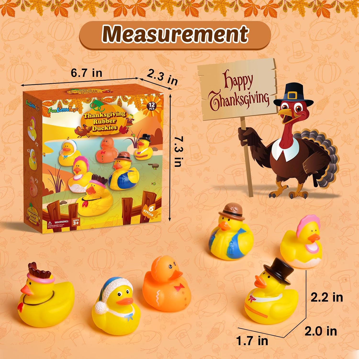 FUN LITTLE TOYS 12 PCS Thanksgiving Rubber Ducks in Bulk for Kids, Assorted Turkey & Pilgrim Toy Duckies for Bath Toys, Party Favors, Themed Bathtub Toys