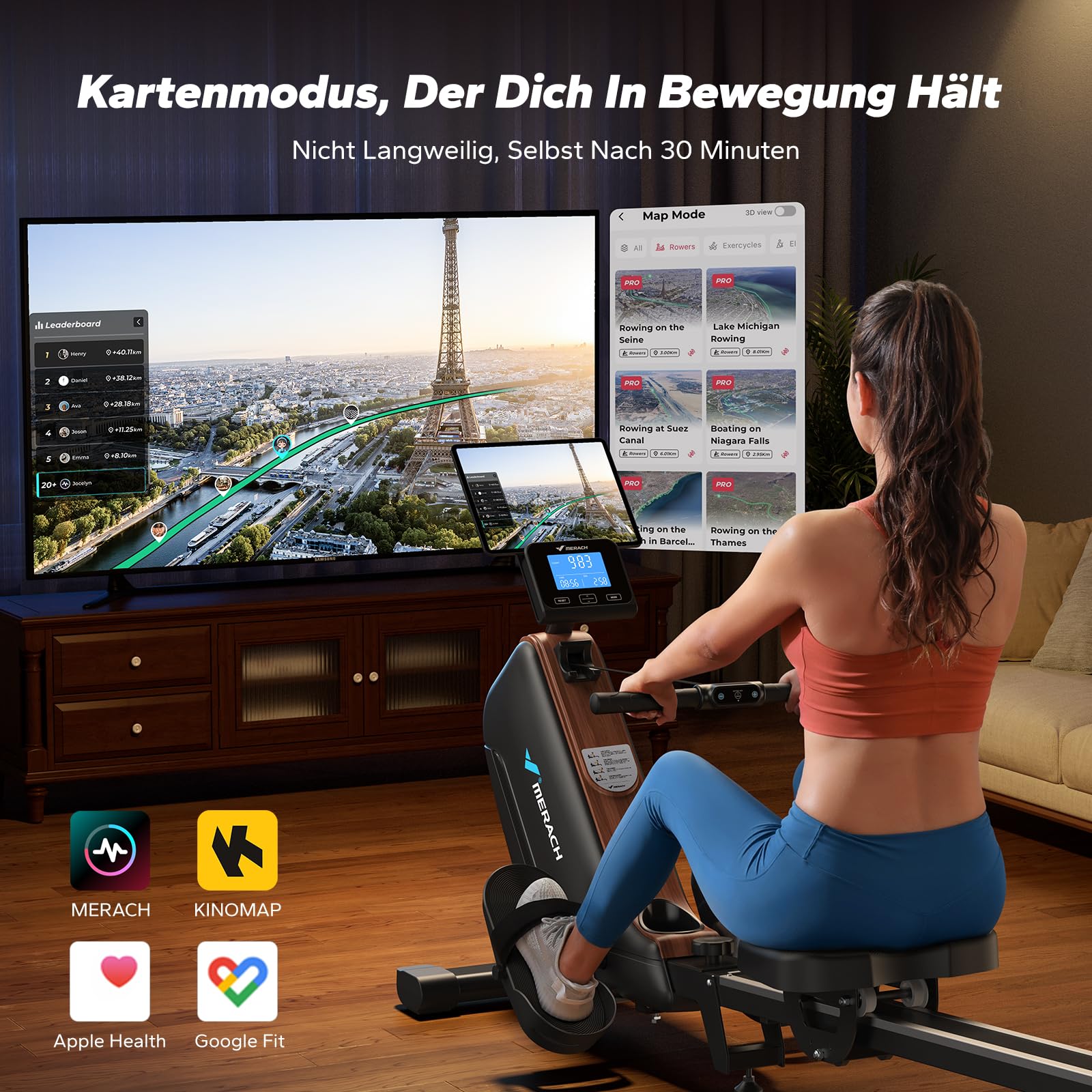 MERACH Rudergerät für Zuhause Klappbar, Magnet Leises Rudermaschine mit Exklusiver APP, Verbesserte und Verlängerte Führungsschienen Sorgen für Mehr Bewegungsfreiheit
