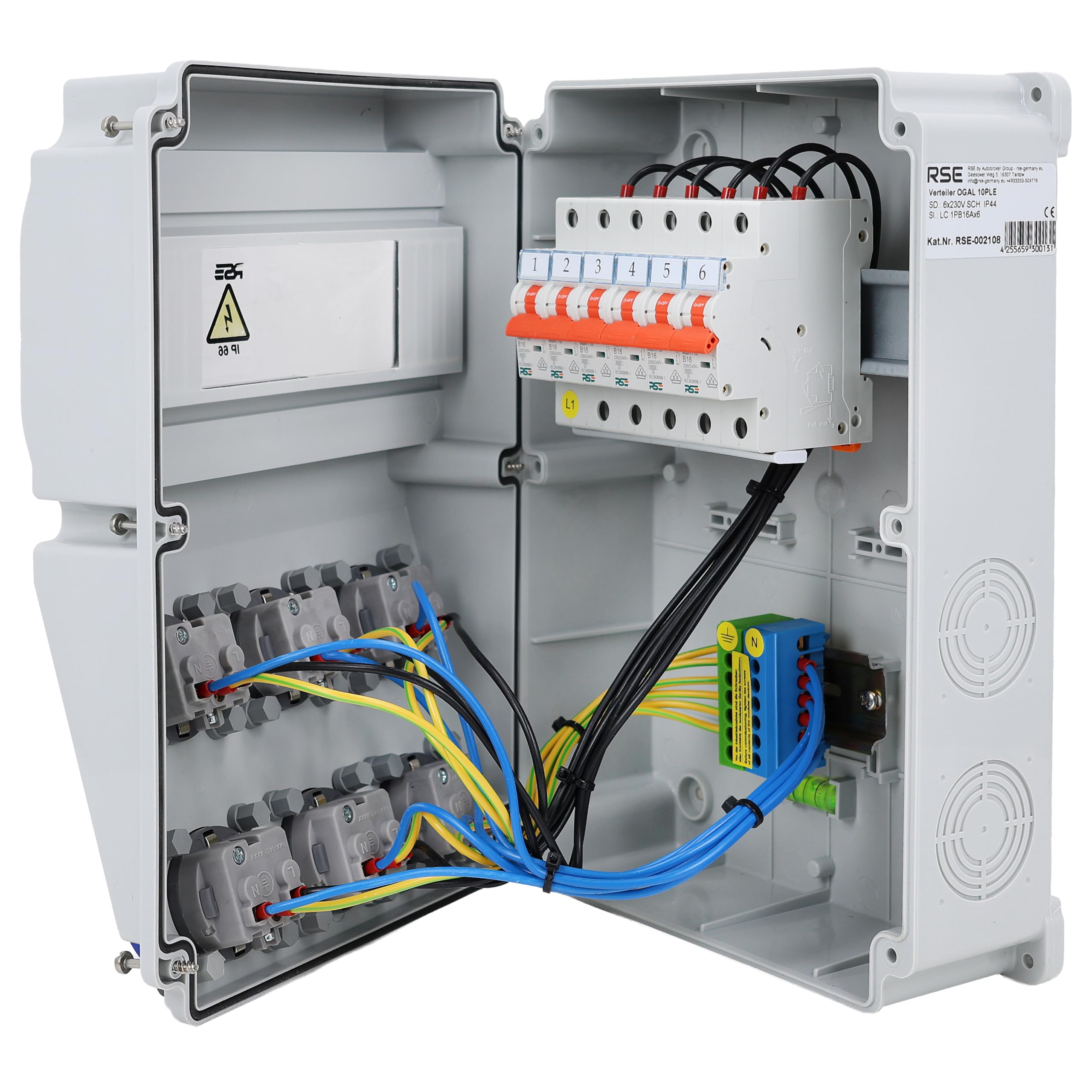 RSE Répartiteur de courant mural, entièrement câblé à 230 V, adapté à la prise avec compteur IP65, 7. 6 x 230 V LS, 6 x 230 V