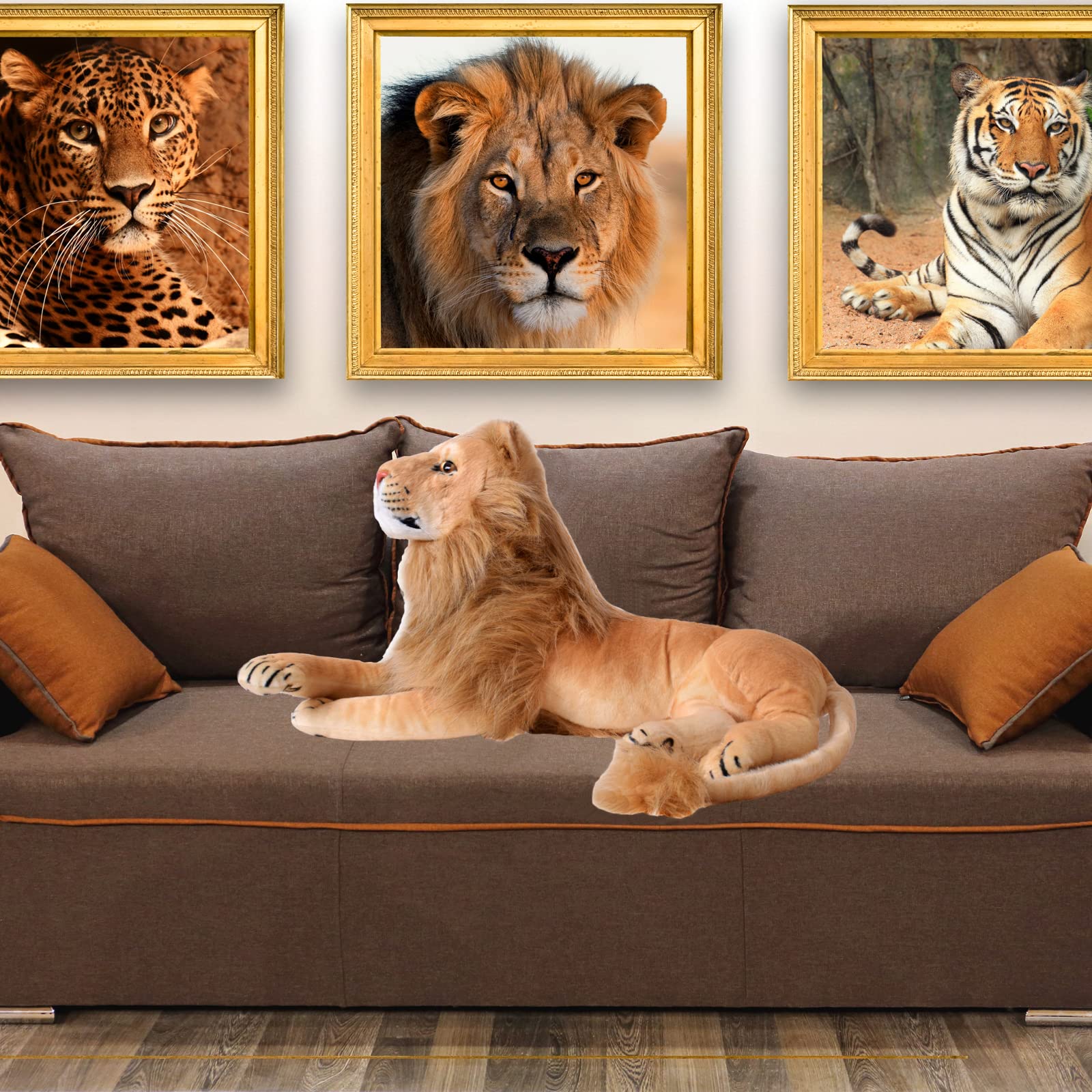 TE-Trend León de Peluche XXL, Juguete de Peluche Tumbado, Gato Grande, Gato depredador, Figura Decorativa, Regalo, 70 cm, marrón