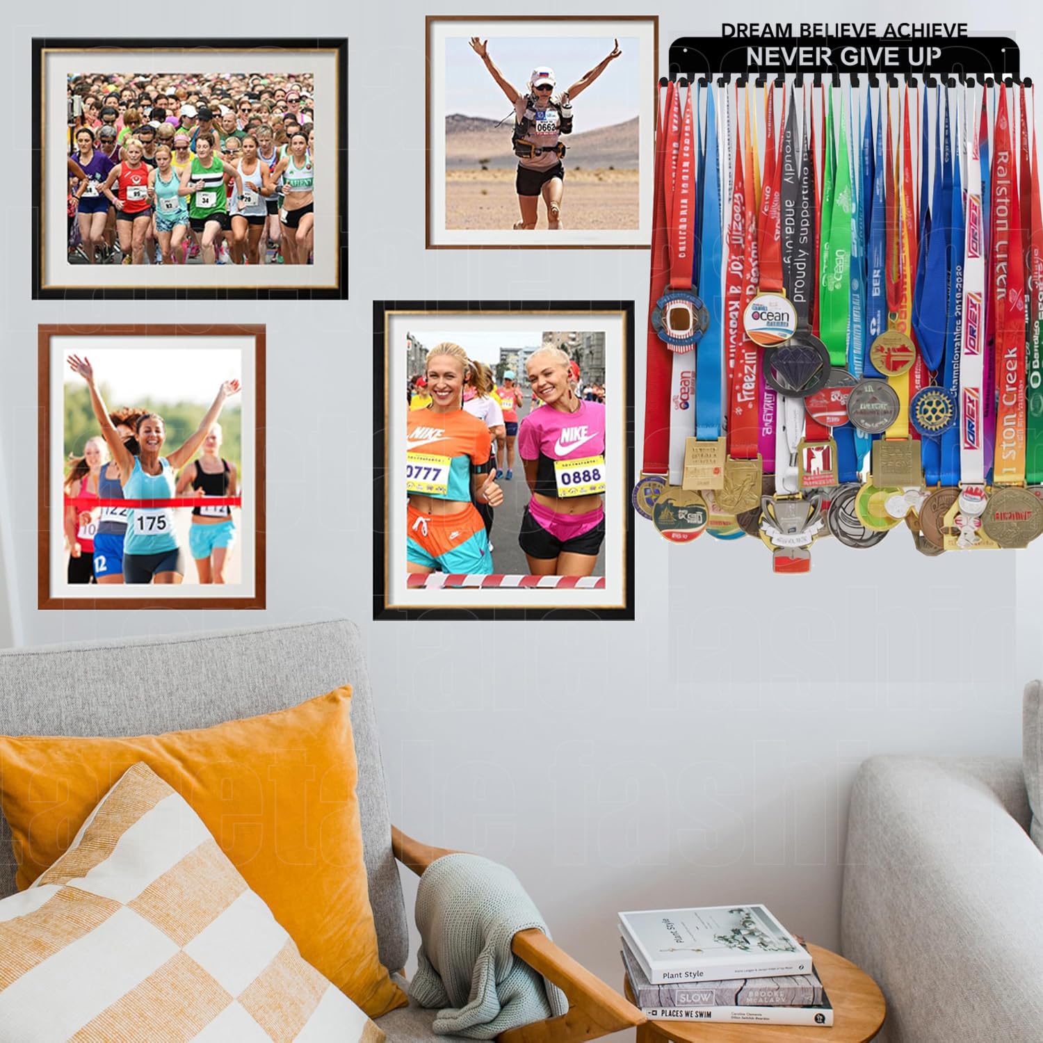 Soporte para medallas con texto en inglés "She Believed She Could She Did", soporte personalizado para corredor de carreras deportivas, placa de metal de acero resistente, más de 63