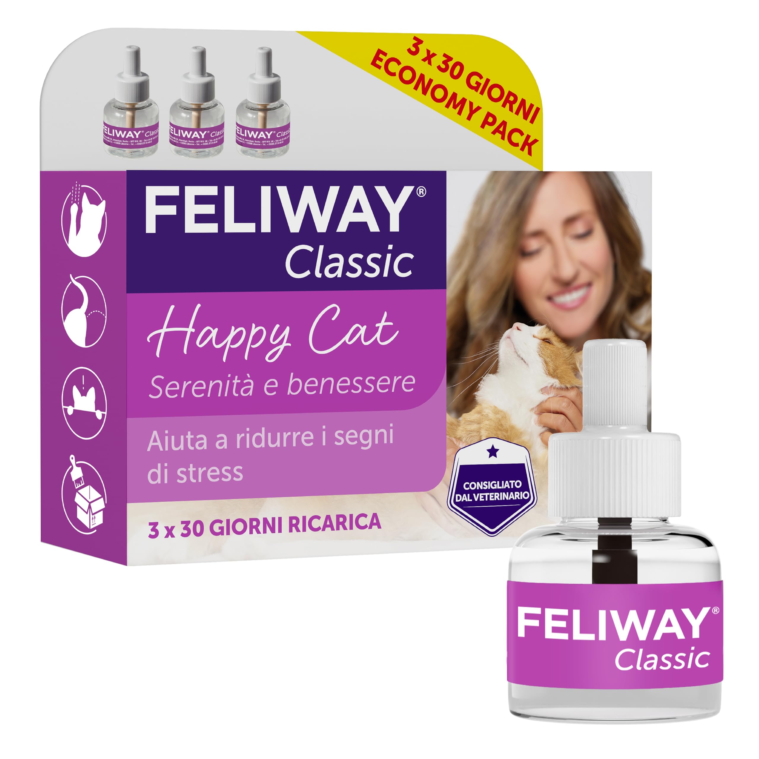 FELIWAY Classic 3x30 Giorni di Ricariche Calmanti per Diffusore di Feromoni, Confezione da 3x48 ml – Aiuta a risolvere i segni comuni di stress nei gatti e gattini, Raccomandato dai Veterinari