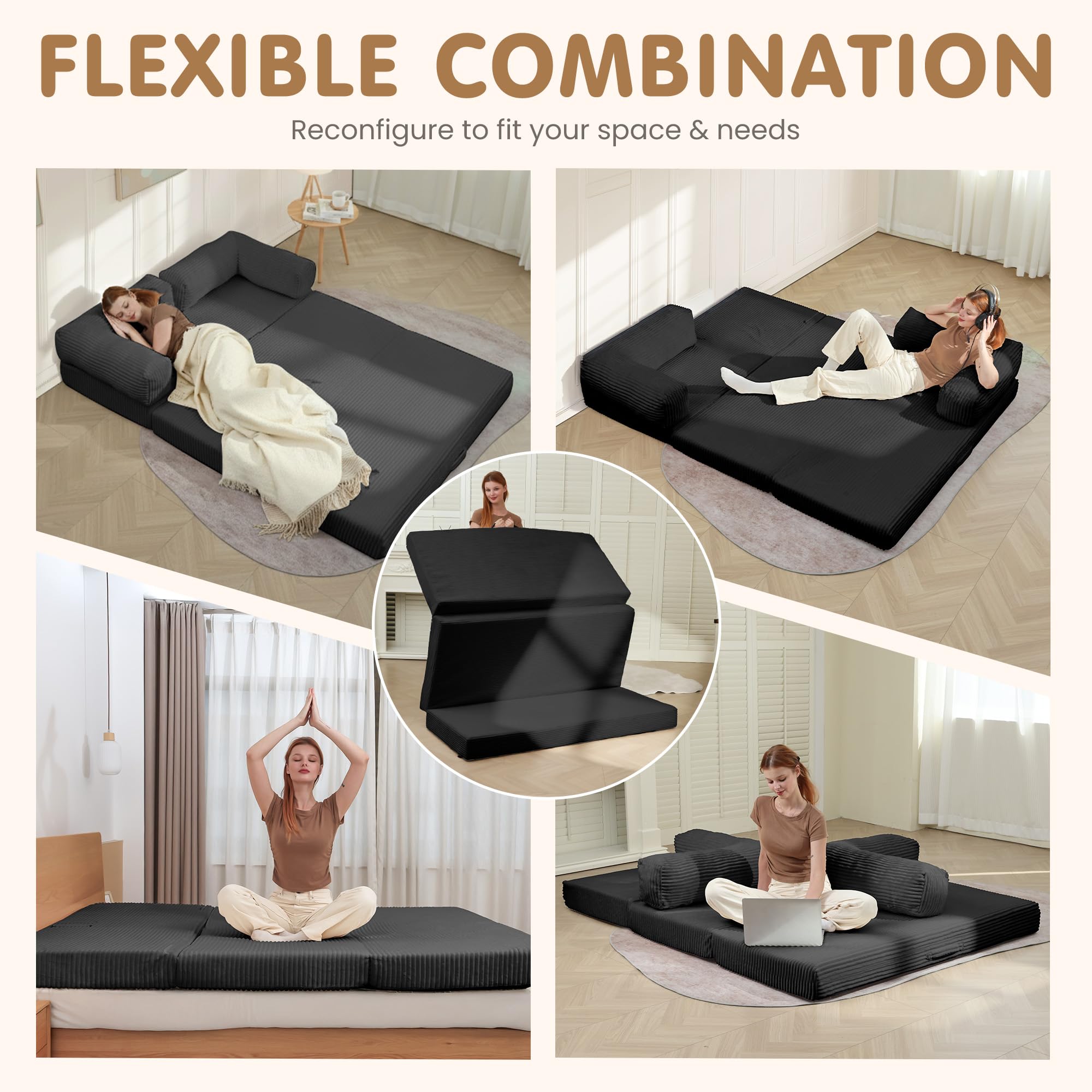 Convertible Sofa Bed Full,5-in-1 Tri-Fold Boneless Couch with Removable Armrests & Handle,Corduroy Futon Sleeper Sofa,Floor Folding Mattress Pull Out Bed for Small Space Apartment Bedroom Black