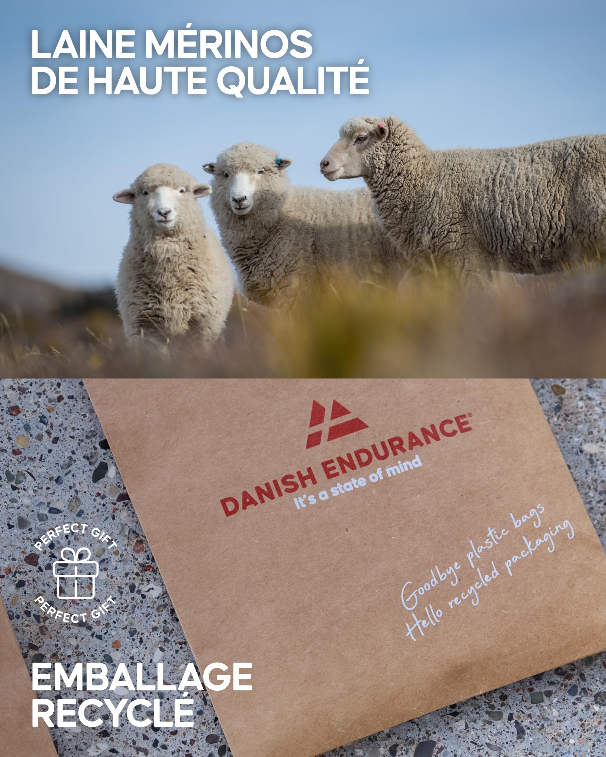DANISH ENDURANCE Chaussettes de Randonnée en Laine Mérinos Respirante Anti-blisters Lot de 3