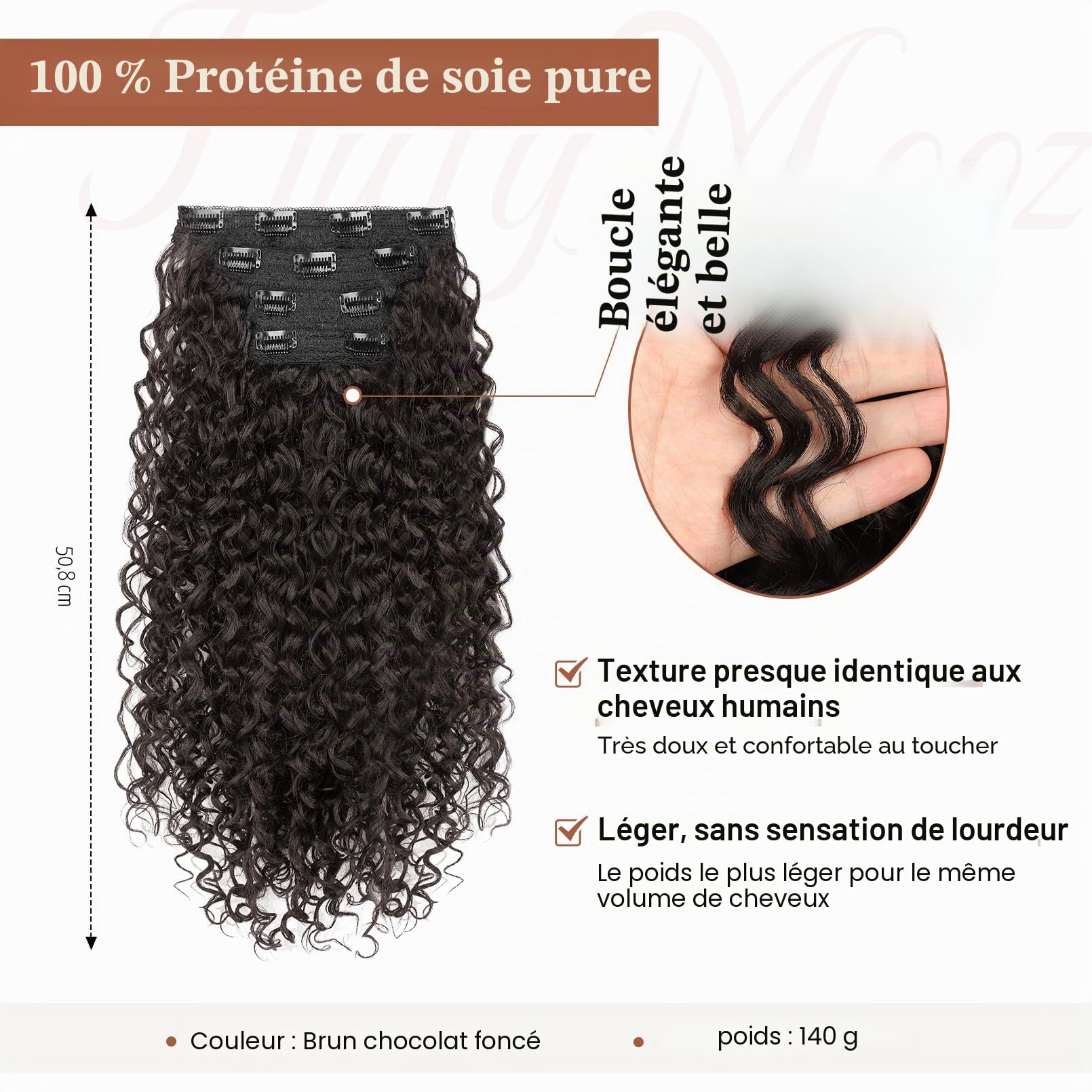 Extensions de cheveux à clipser, FLUFYMOOZ 4 pièces 100 % Pure Protéine Soie Extensions de cheveux Longues, Douces, Naturelles, 50,8 cm, Extension de cheveux bouclés pour femmes (Brun Chocolat Foncé)
