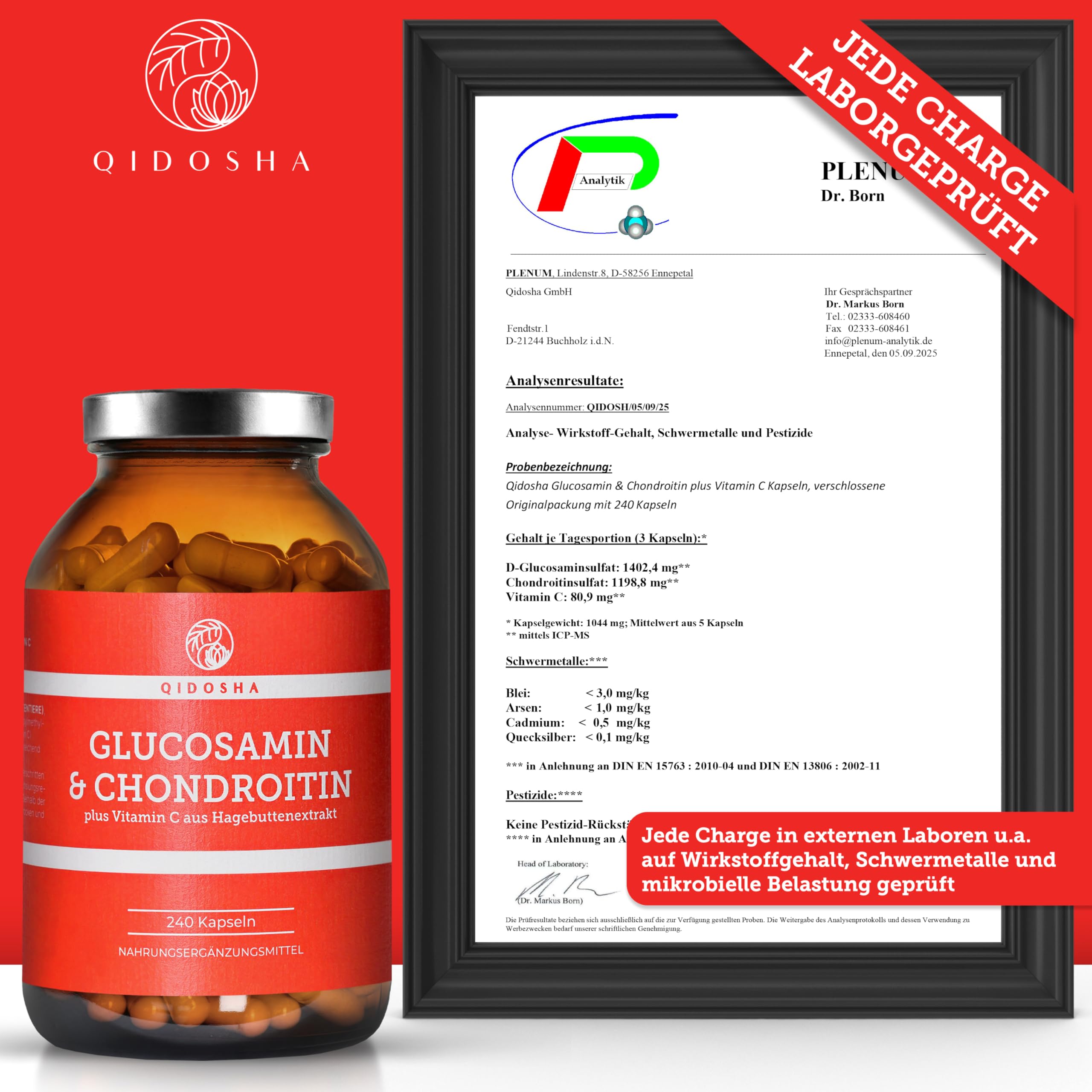 QIDOSHA® Glucosamin & Chondroitin plus Vitamin C, 240 Kapseln, jede Charge laborgeprüft, deutsche Fertigung, 1400mg Glucosamin, 1200mg Chondroitin & 200mg Hagebuttenextrakt je Tagesportion (3 Kapseln)