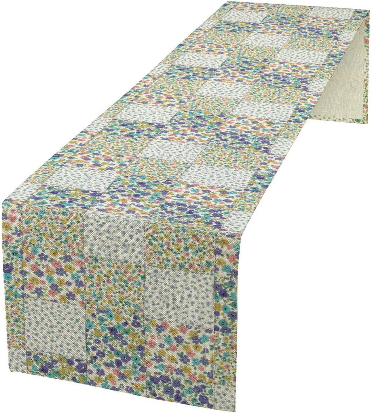 Boho Floral Patchwork Table Runner, Retro Rustic Flowers Country Garden Floral Paisley Bohemian Farmhouse Blue Pattern for Home Kitchen Table Decor Dining Coffee Room Party Decor 13x108in