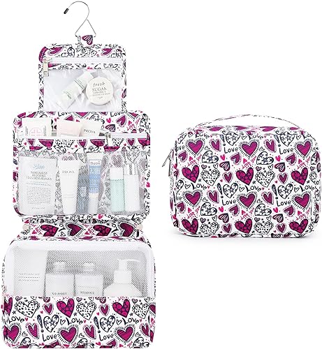 Miniatura 23 de Mossio Neceser colgante con gancho resistente, organizador de viaje grande portátil para maquillaje cosmético para hombres y mujeres Beige,Pájaro