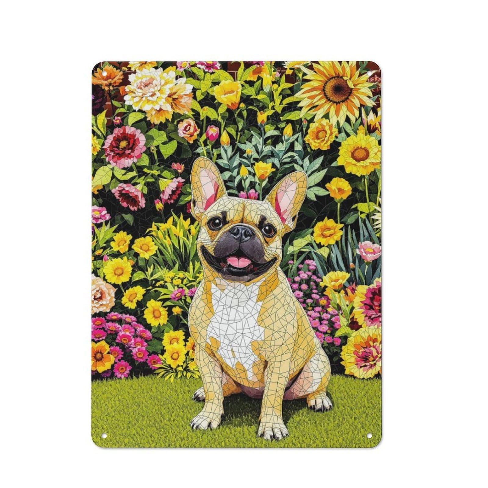 Junmoney French Bulldog In Flower Garden Vintage Vintage Metal Sign 40X30cm Featuring Room Wall Plaque For Flat, Dorm Room, Lounge Or Cafe