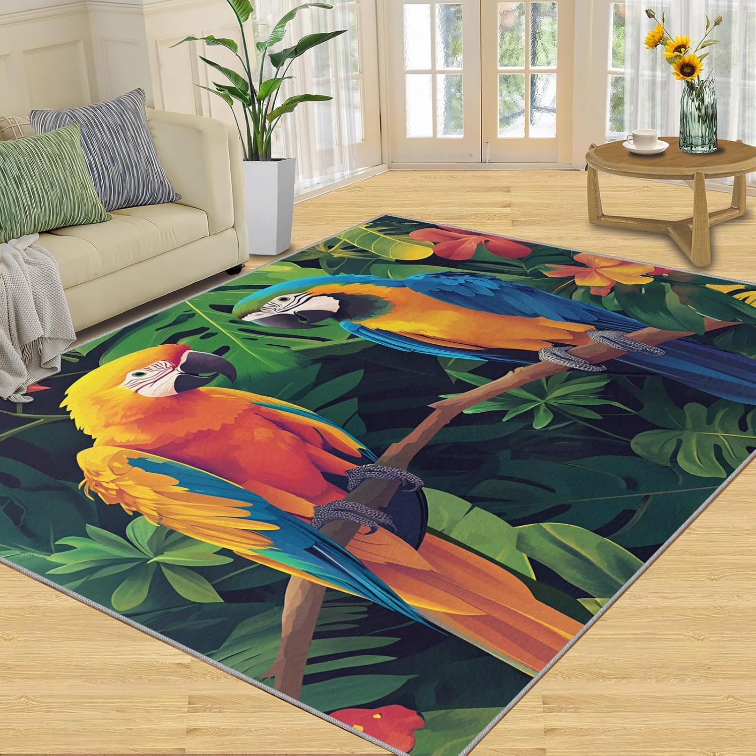 2x3 Macaw Rug - Parrot Doormat Outdoor Entrance, Tropical Avian Laundry Room Carpet Non Slip Accent Throw Rugs for Bathroom Kitchen Sink Front Door