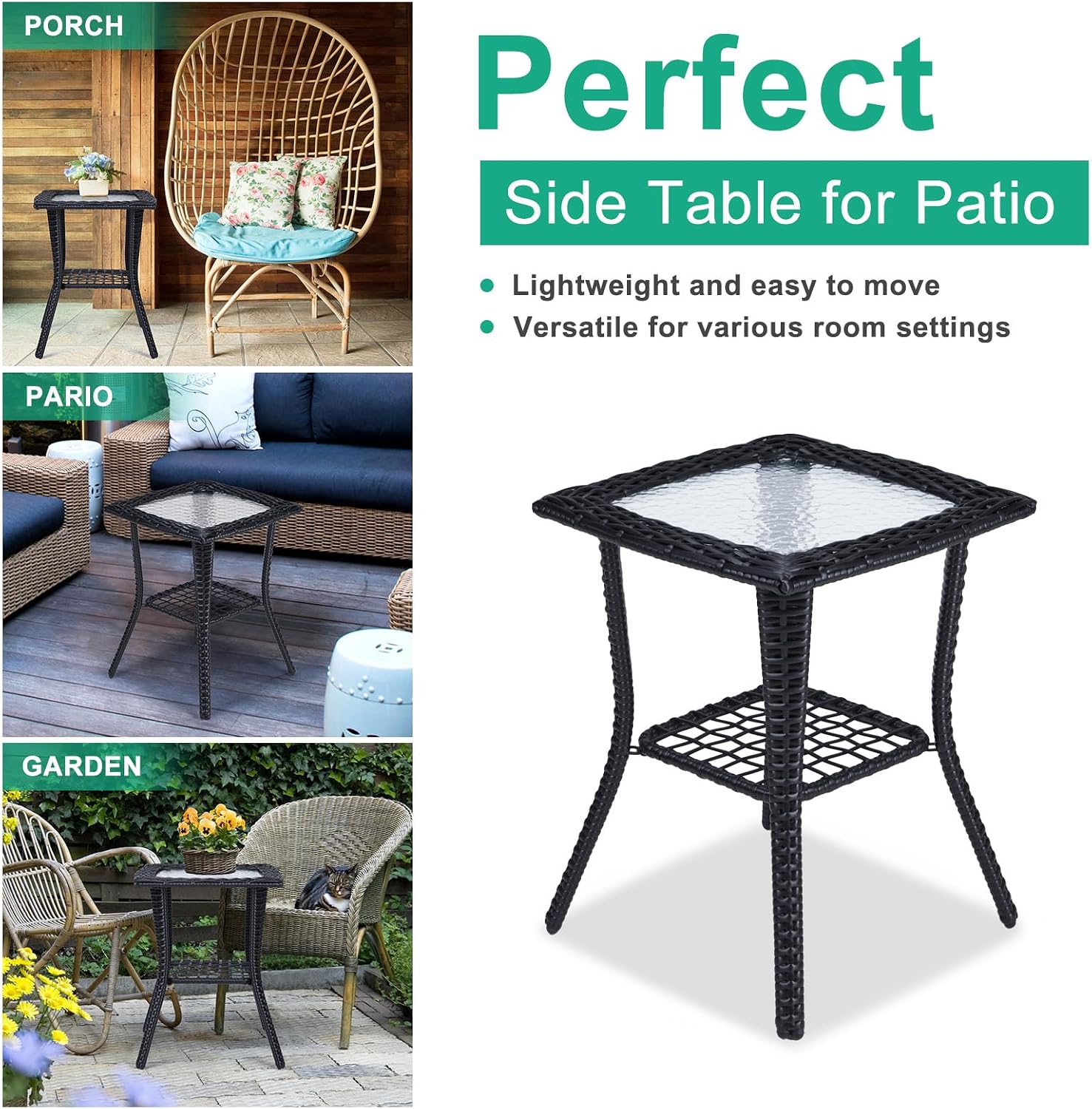 18" Patio Rattan Wicker Side Tables,Outdoor Square Wicker End Table,Waterproof Patio Coffee Side Table,Outside Storage Coffee Tables,with Glass Top,for Garden Porch Poolside Deck Backyard (Black)