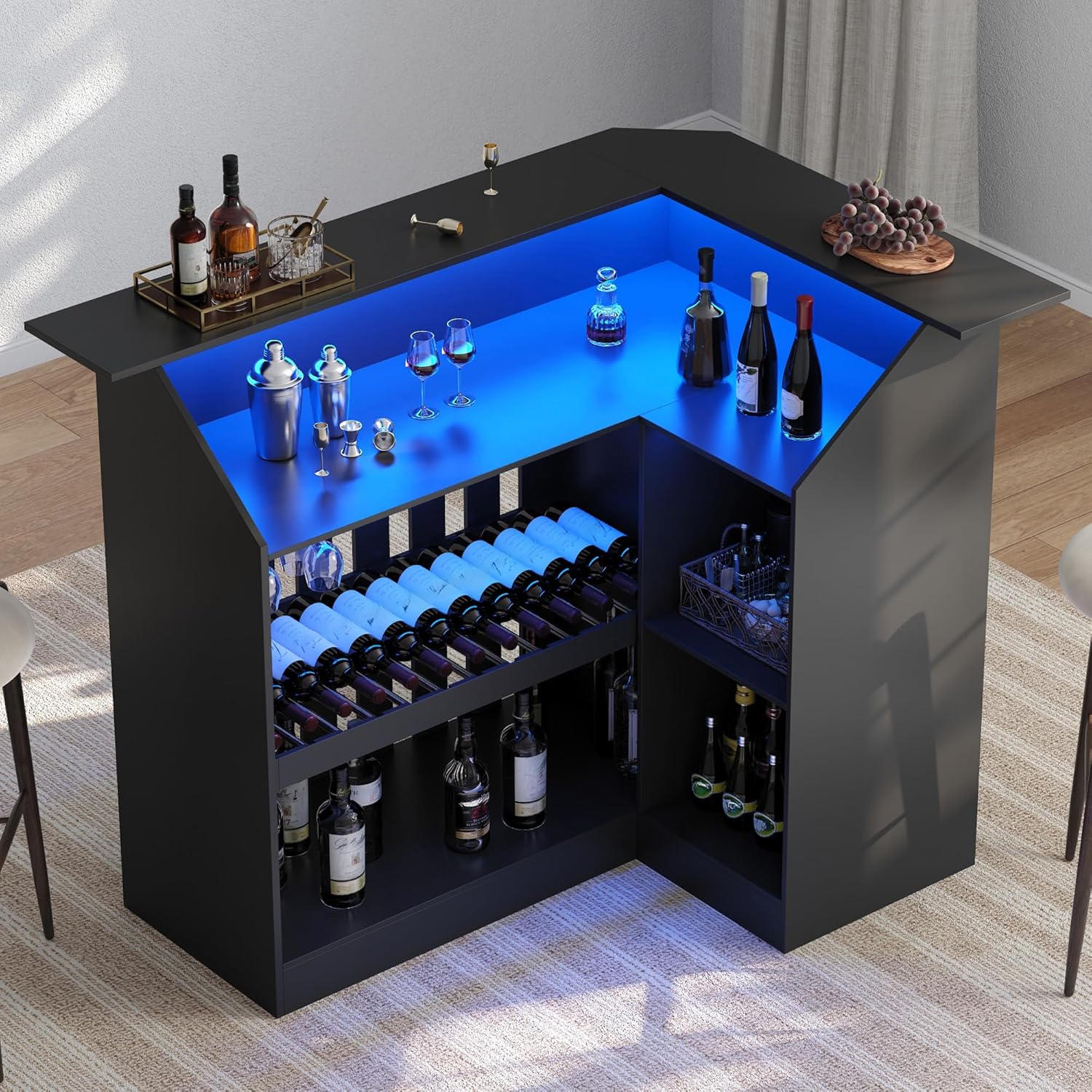 L Shaped Bar Table with LED Light, 4-Tier Corner Wine Bar Cabinet with Stemware Racks & 2 Tier Countertop, at Home Bar Unit with Grille & Movable Bottle Racks, Black Basement Bar for Home Pub