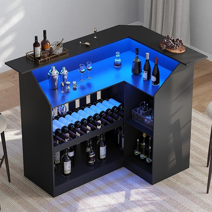 L Shaped Bar Table with LED Light - at Home Bar Unit with Stemware Racks, 4-Tier Black Drink Bar Stand with Grille & Movable Bottle Racks, Corner Wine Bar Cabinet Basement Bar Furniture for Home Pub