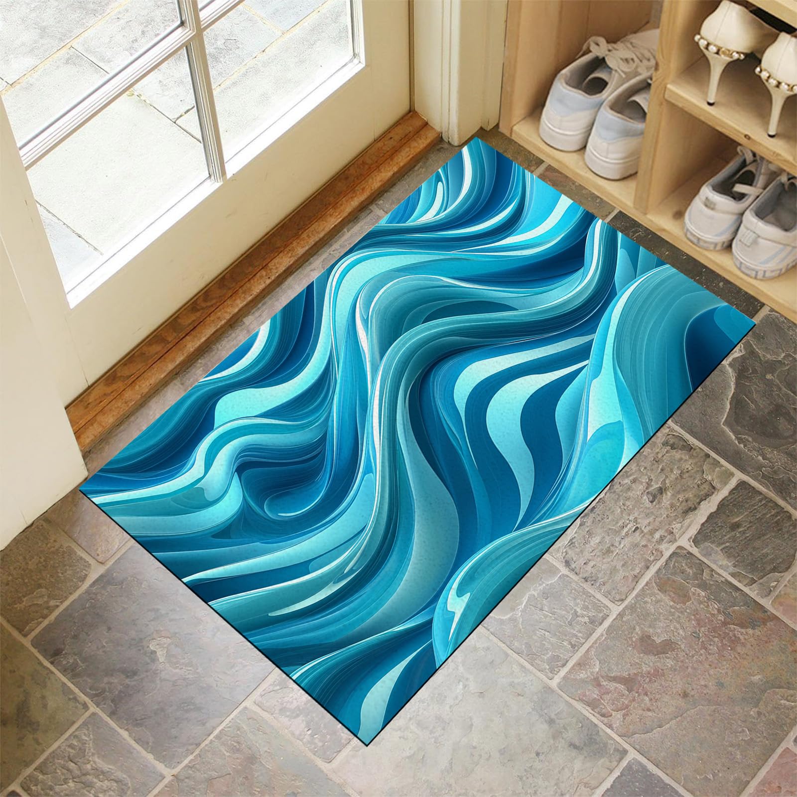 Paillasson attrape poussière bleu en microfibres douces et vagues abstraites