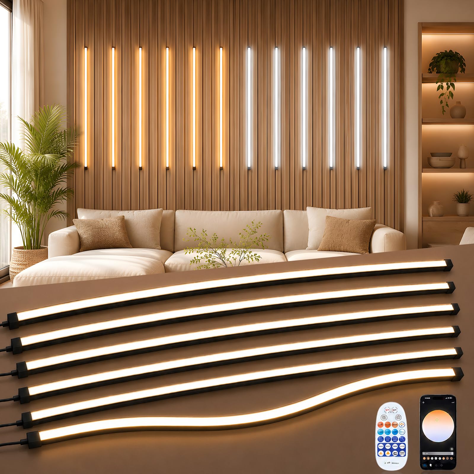 Akustikpaneele Beleuchtung, Dimmbare Zuschneidbar Eingebetteter LED 6 x 100cm 2700K-6500K Warmweiß bis Kaltweiß LED Streifen Unterstützt Fernbedienung Anpassung von Farbe Helligkeit App Steuerung