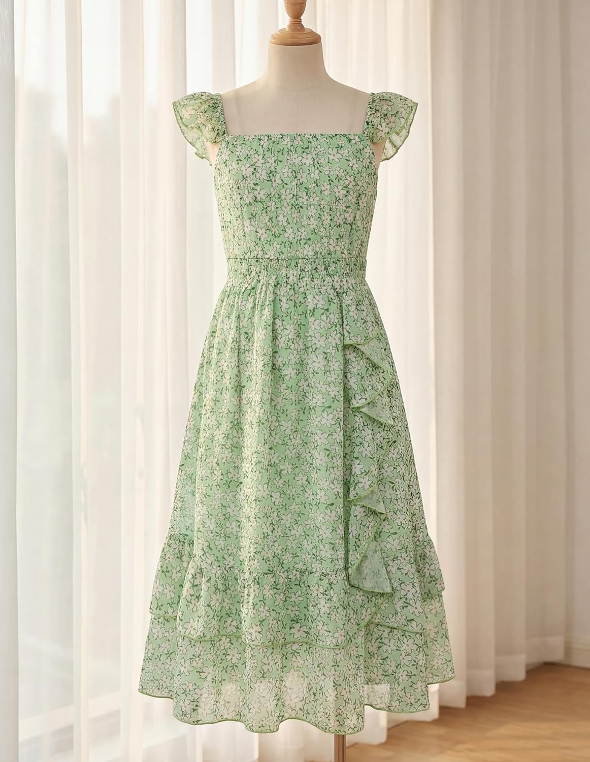 GRACE KARIN Girls Flutter Sleeve Smocked Floral Dresses, Kids Easter Spring Summer Dress, Teen Hawaiian Maxi Long Dresses - Image 5