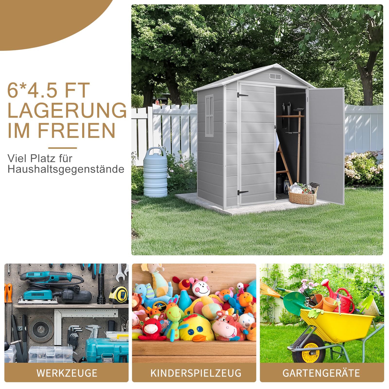 LEADZM Gartenhaus wetterfest 5m³, Kunststoff, Geräteschuppen im Freien, Die Fläche beträgt 2,5 m², 182 x 134 x 210 cm, grau