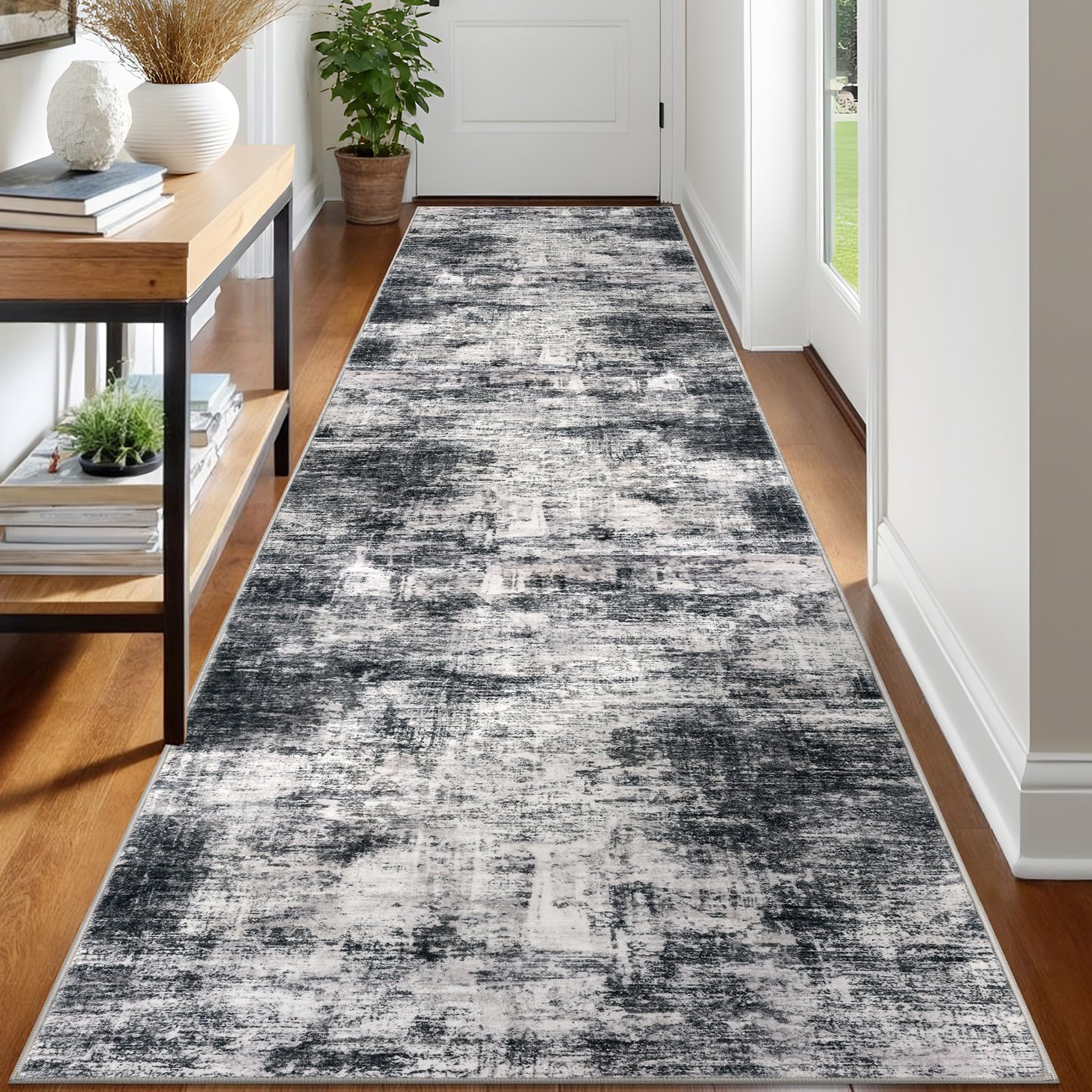 IOHOUZE Abstract Runner Rug 3x12 Ft Washable Runners for Hallways, Non Slip Kitchen Runner Printed Faux Wool Entryway Runner Indoor, Modern Abstract
