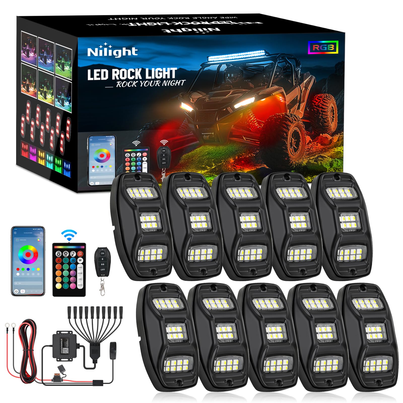 Nilight RGBW LED Rock Lights Kit 10 Pods 22 LEDs Wide Angle Lighting