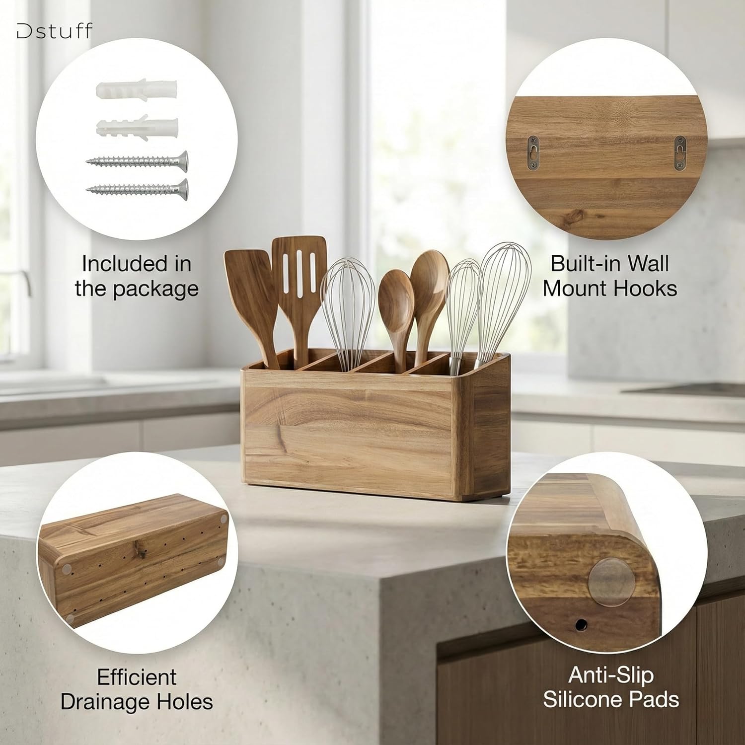 Dstuff Large Kitchen Utensil Holder Organizer for Counter or Countertop, Wooden Storage Container for Cooking and Silverware, Acacia Rustic Wood (4 Compartments)