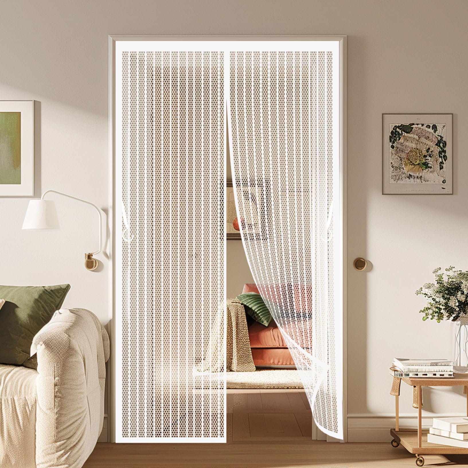 Magnetic Screen Door 161 x 164 cm Heavy Duty Mesh, Magnetic Self-Sealing Pet Screen Door Easy to Install Without Drilling for Living Room, Kitchen, Bedroom, White