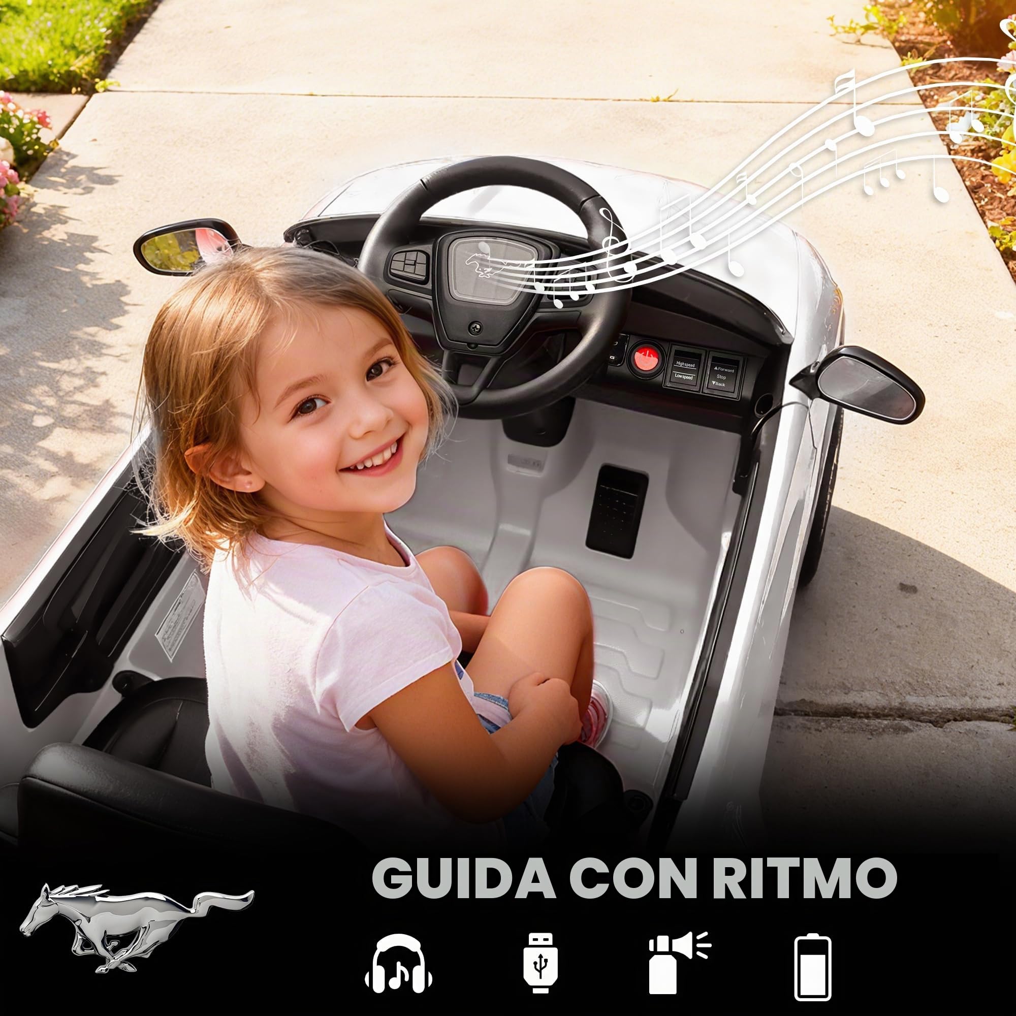 AIYAPLAY Auto elettrica per bambini con licenza ufficiale Ford Mustang Mach-E, 12 V, telecomando da 2,4 G, 2 motori da 25 W, veicolo con avviamento graduale, fari a LED, musica e porta USB, bianco