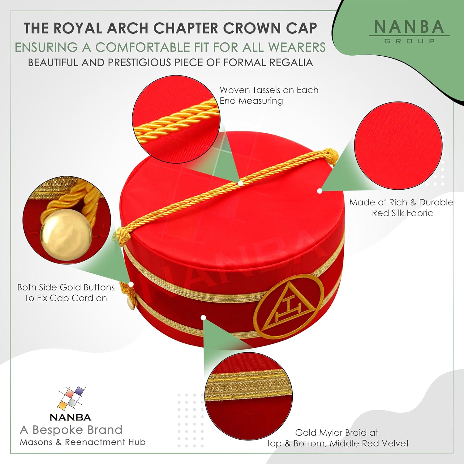 Royal Arch Chapter Crown Cap - Red & Gold - Masonic Crown Cap Machine Embroided Triple Tau Patch - Masonic Cap/Hat
