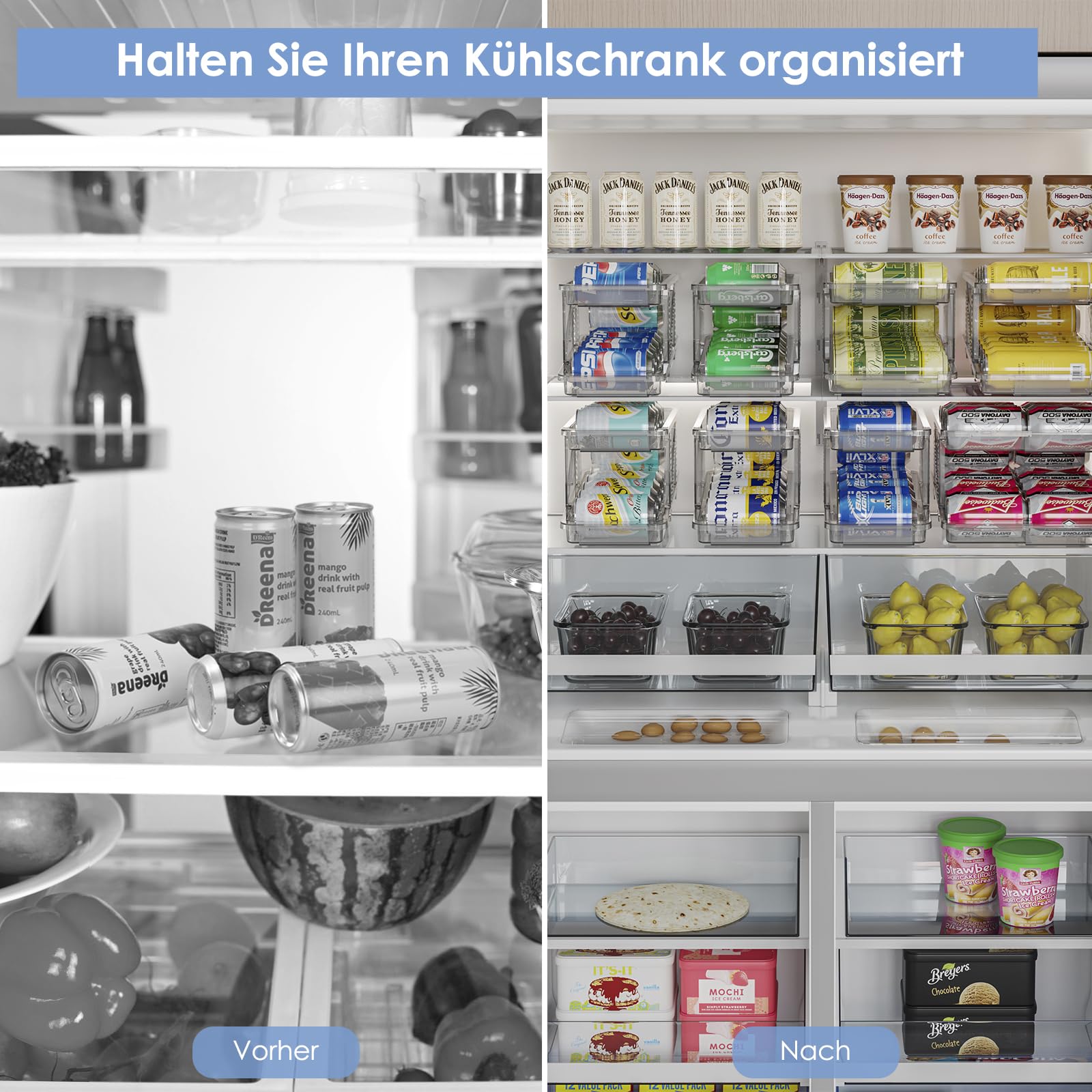 Voency Rollen Kühlschrank Organizer Dosenspender Dosenhalter, 2 Tier Getränkedosen Bier Soda Dosen Aufbewahrungbox für Kühlschrank Küche Pantry Kabinett