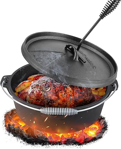 Miniatura 2 de LIFERUN Olla de horno holandés con tapa, horno holandés de hierro fundido de 12 cuartos de galón, sin pies, con soporte y mango en forma de espiral,