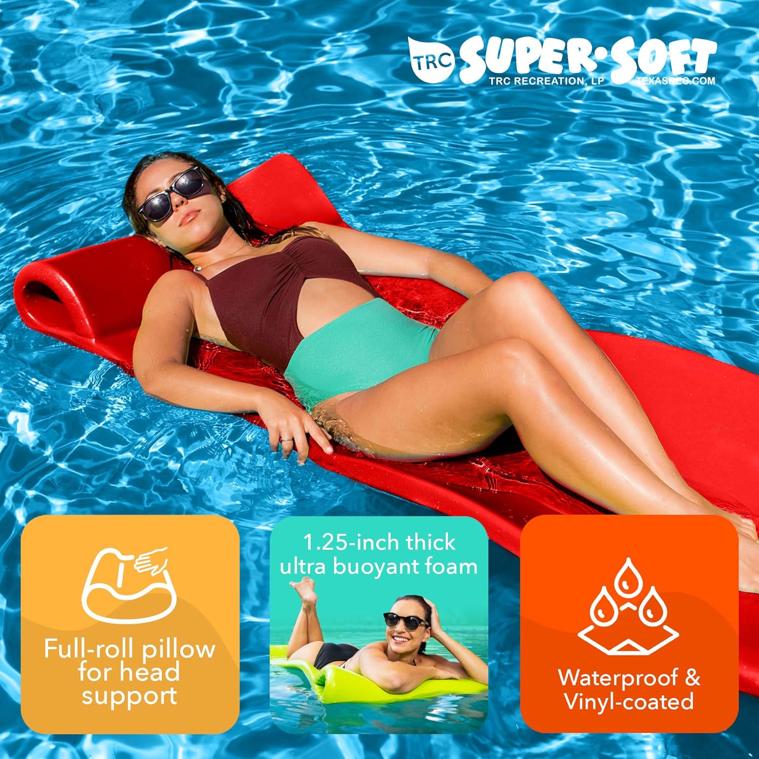 Red Foam Pool Lounger with Built-In Pillow