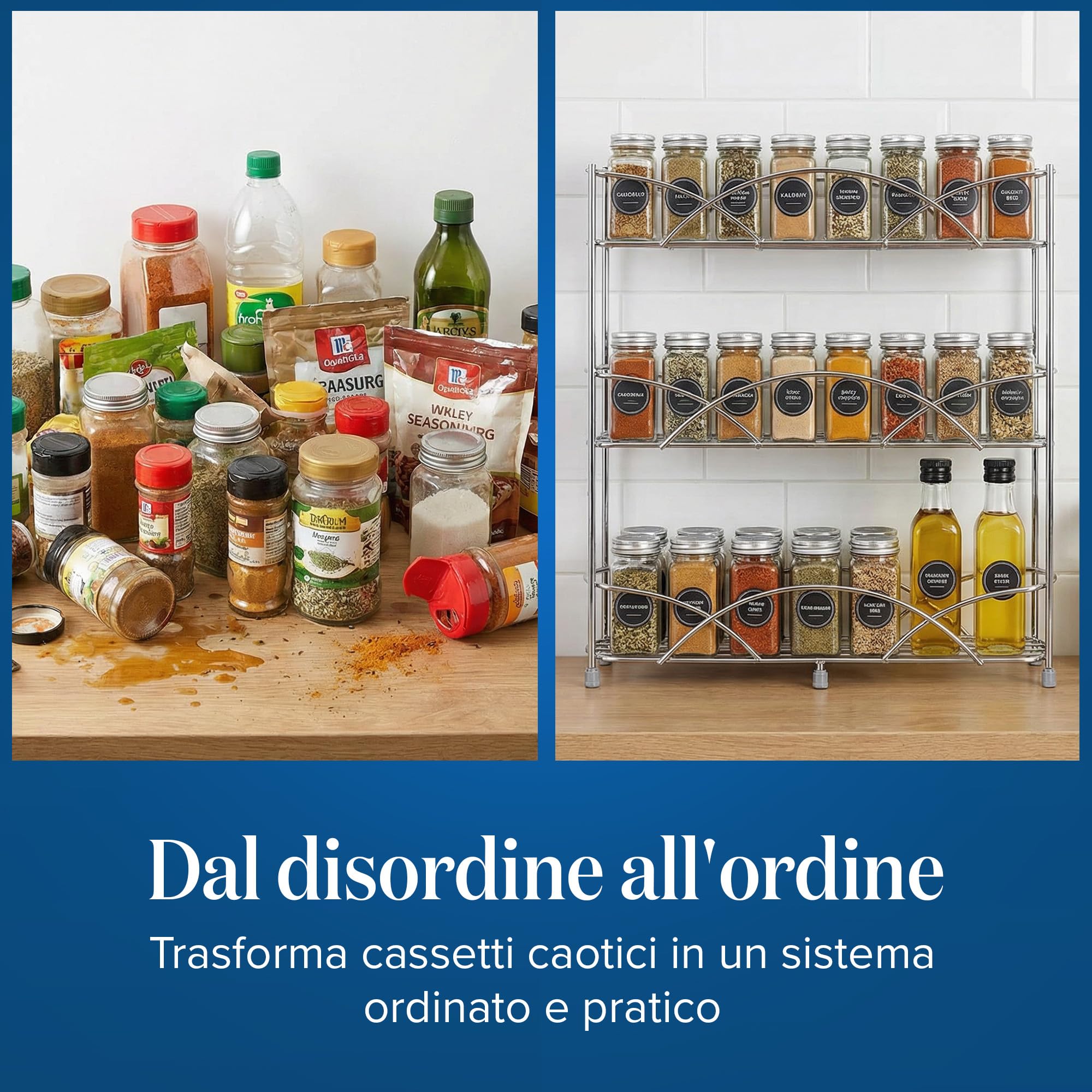 joeji's Kitchen Portaspezie a 3 Livelli - Portaspezie Da Appoggio Salvaspazio - Adattarsi a Vasetti Di Diverse Dimensioni - Adatto Per 18 Barattoli Di Spezie - Argento