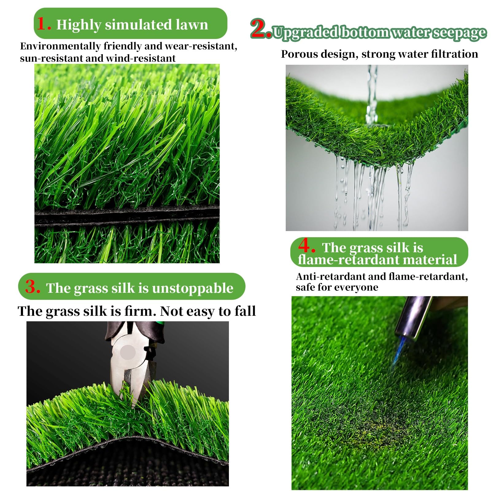 Alfombra de césped artificial para exteriores/balcón, 40 mm de grosor, césped sintético de alta densidad para jardín, 1 x 1 ㎡ y fácil de mantener